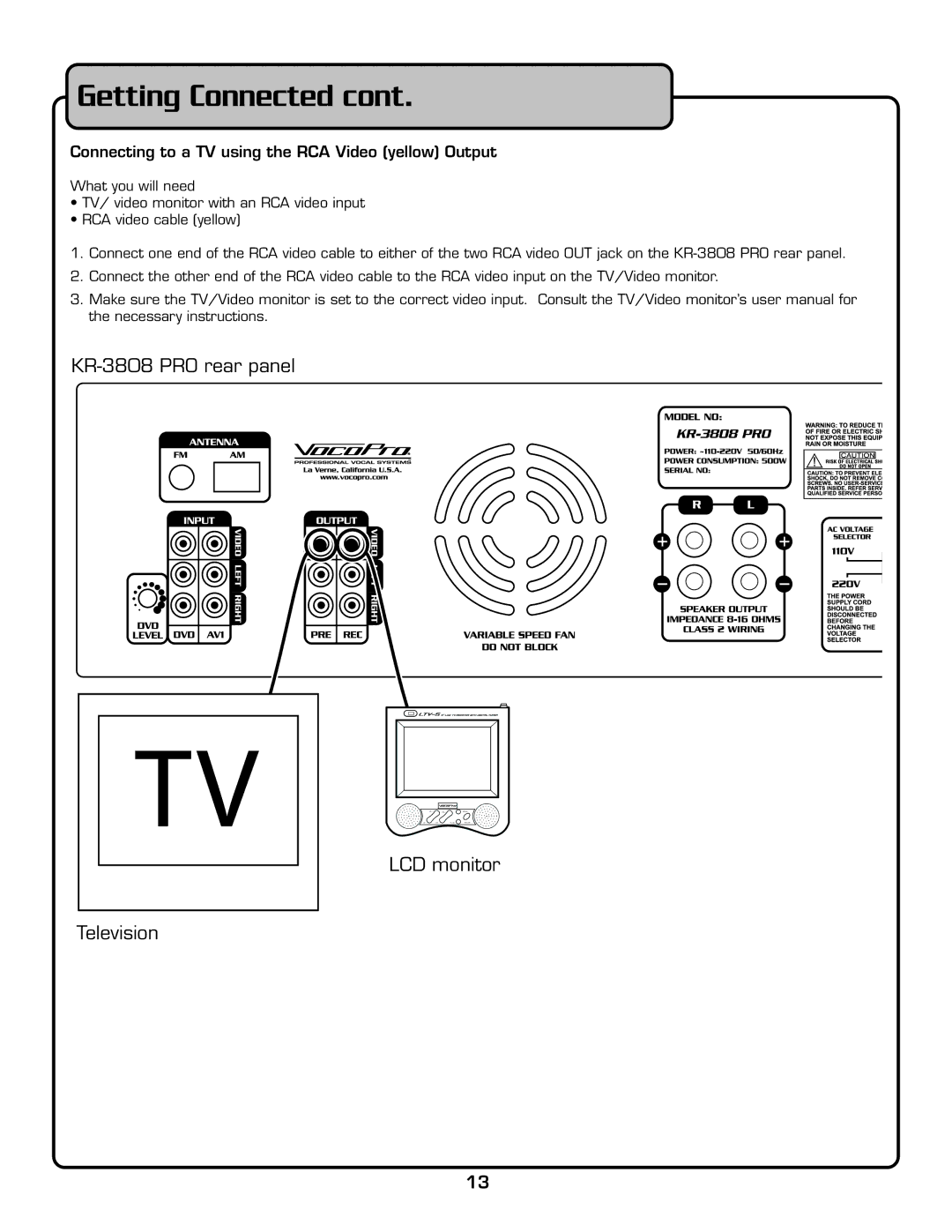 VocoPro KR-3808 PRO owner manual Connecting to a TV using the RCA Video yellow Output 