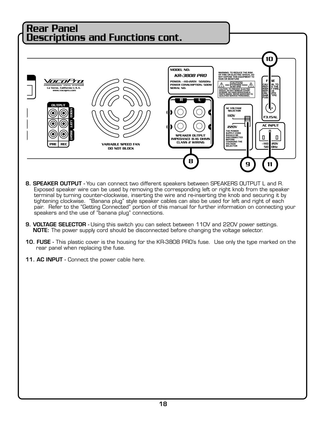 VocoPro KR-3808 PRO owner manual Rear Panel Descriptions and Functions 