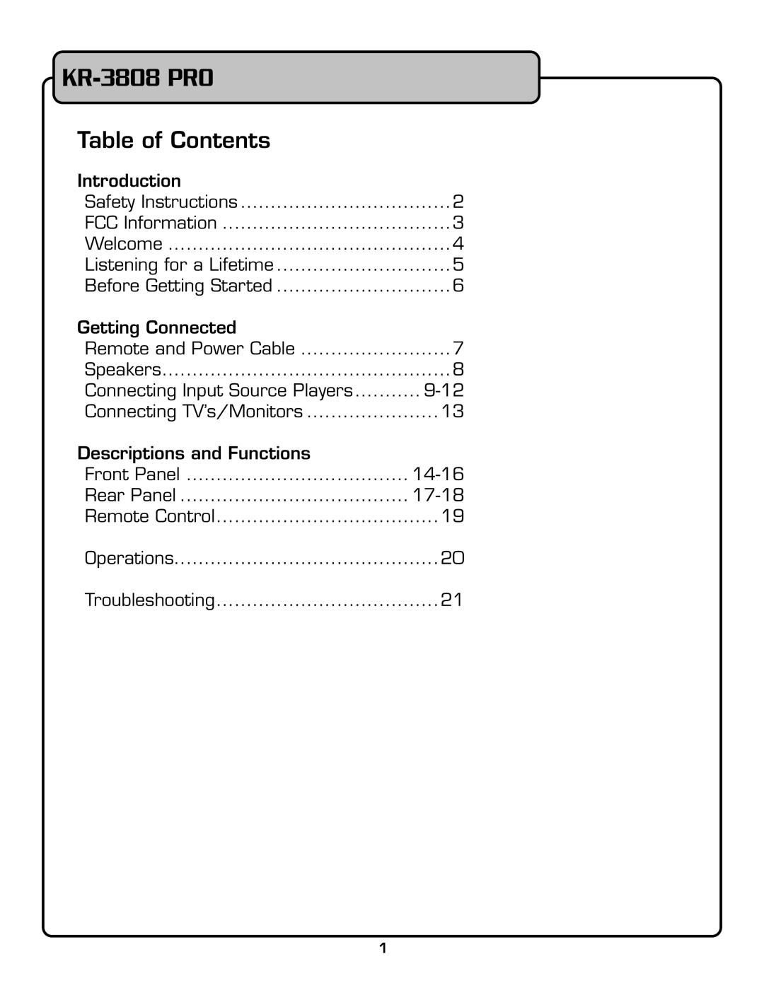 VocoPro KR-3808 PRO owner manual Table of Contents 