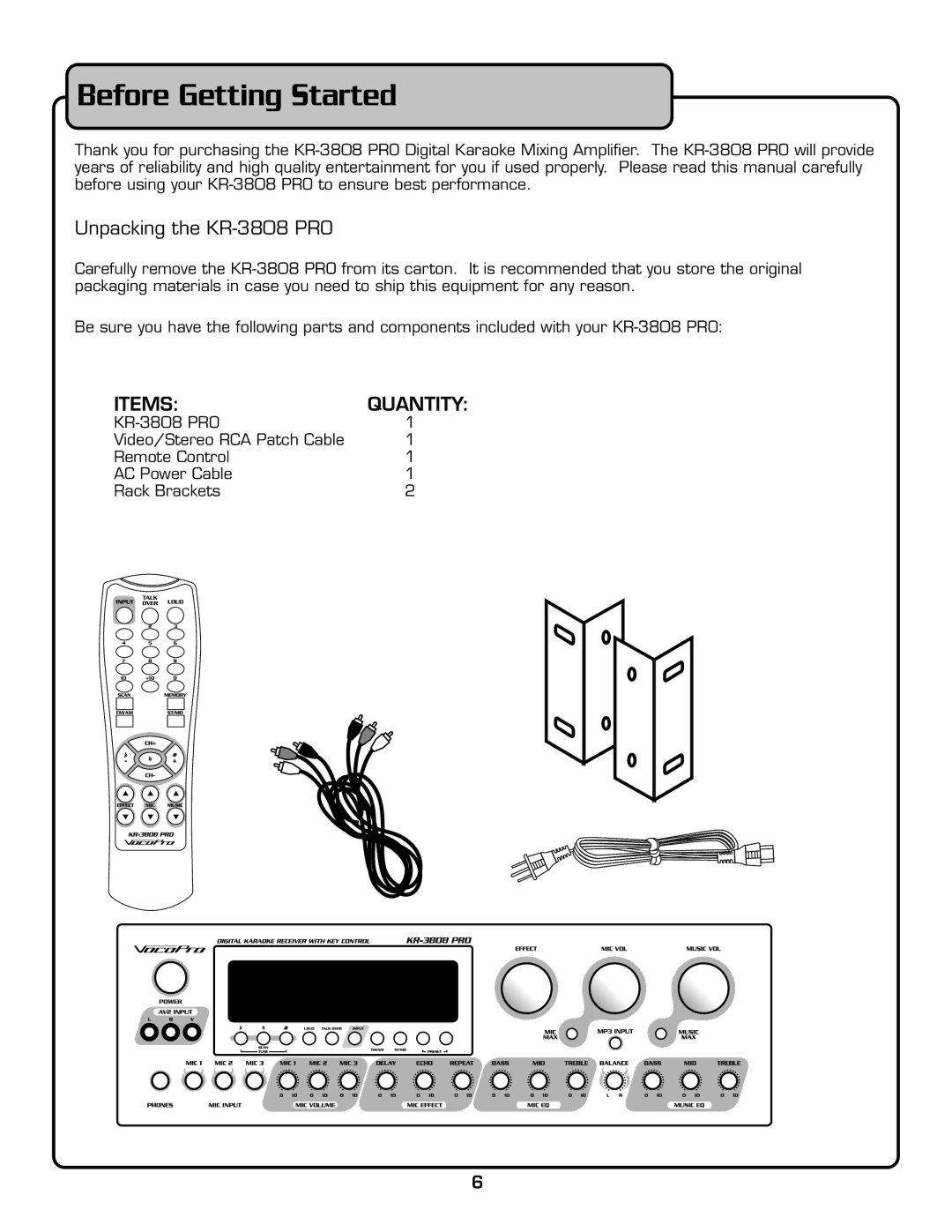 VocoPro owner manual Before Getting Started, Npacking the KR-3808 PRO 