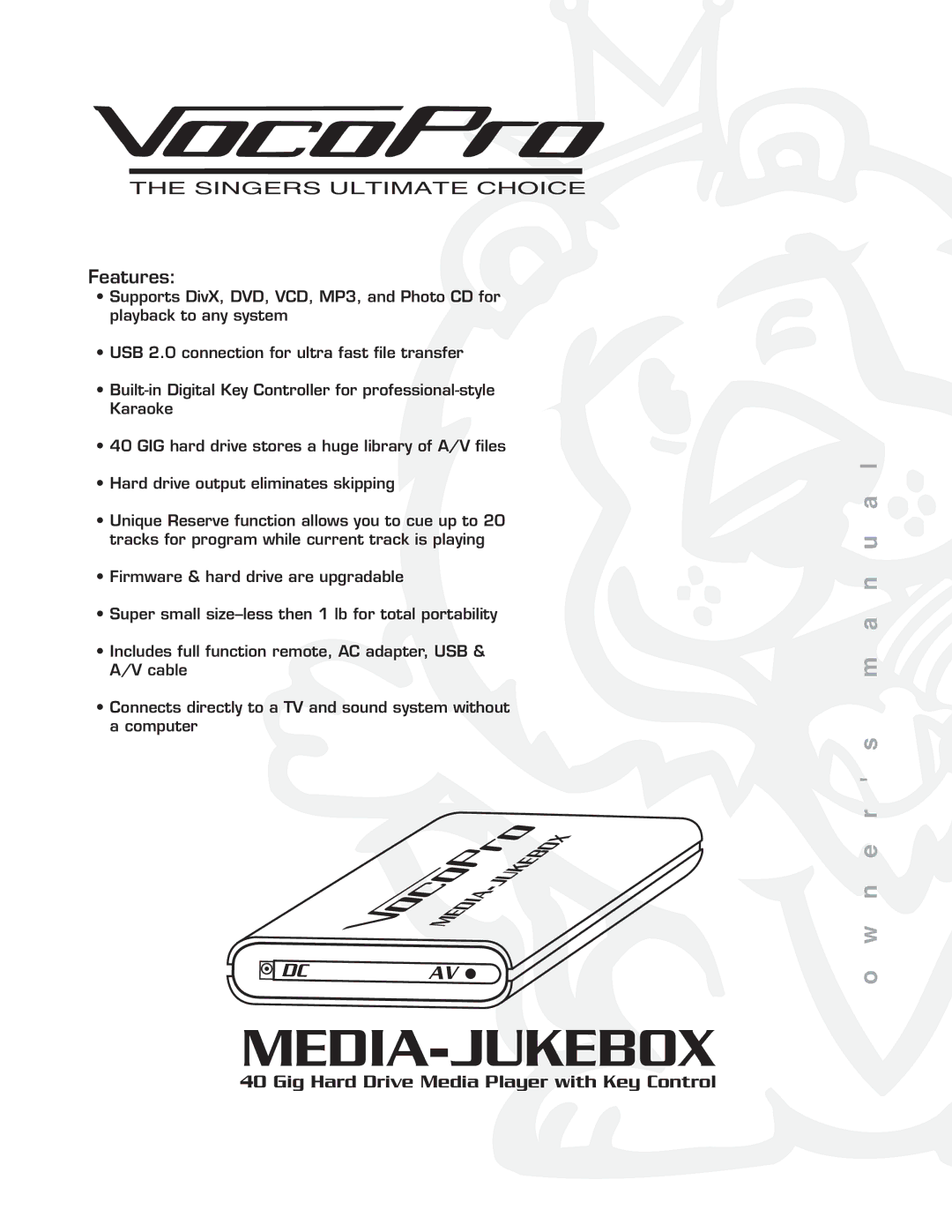 VocoPro MEDIA-JUKEBOX40 owner manual Media-Jukebox 