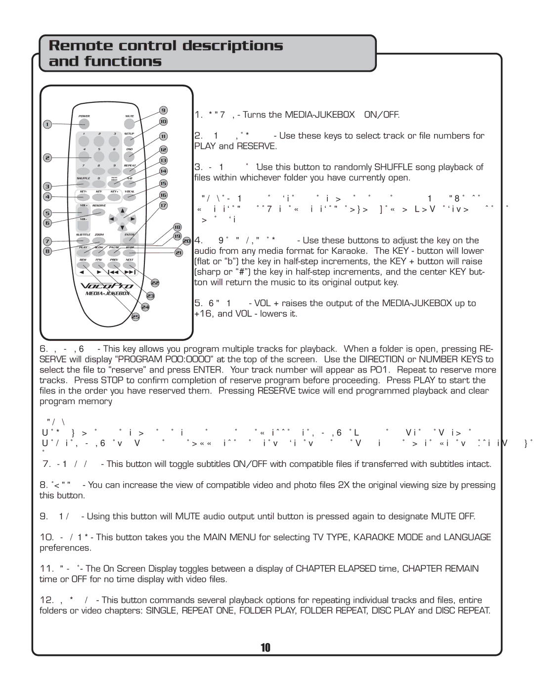 VocoPro MEDIA-JUKEBOX40 owner manual Remote control descriptions and functions 