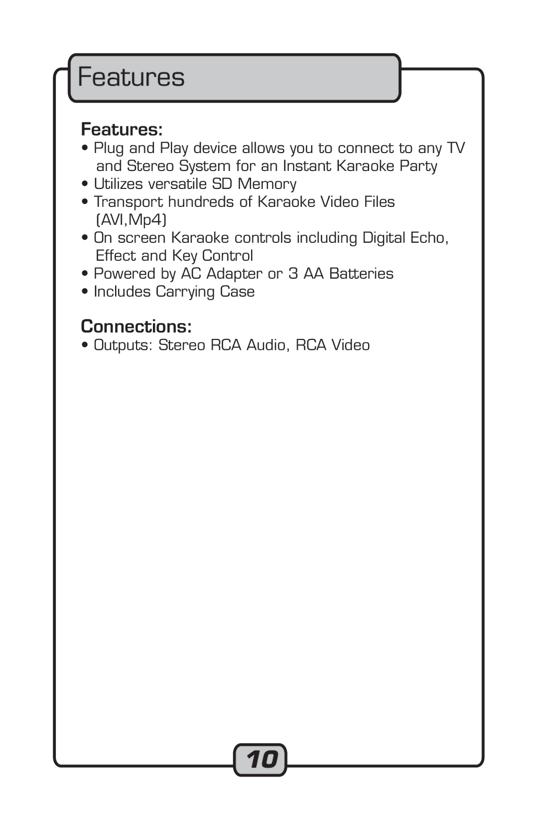 VocoPro Microphone manual Features, Connections 