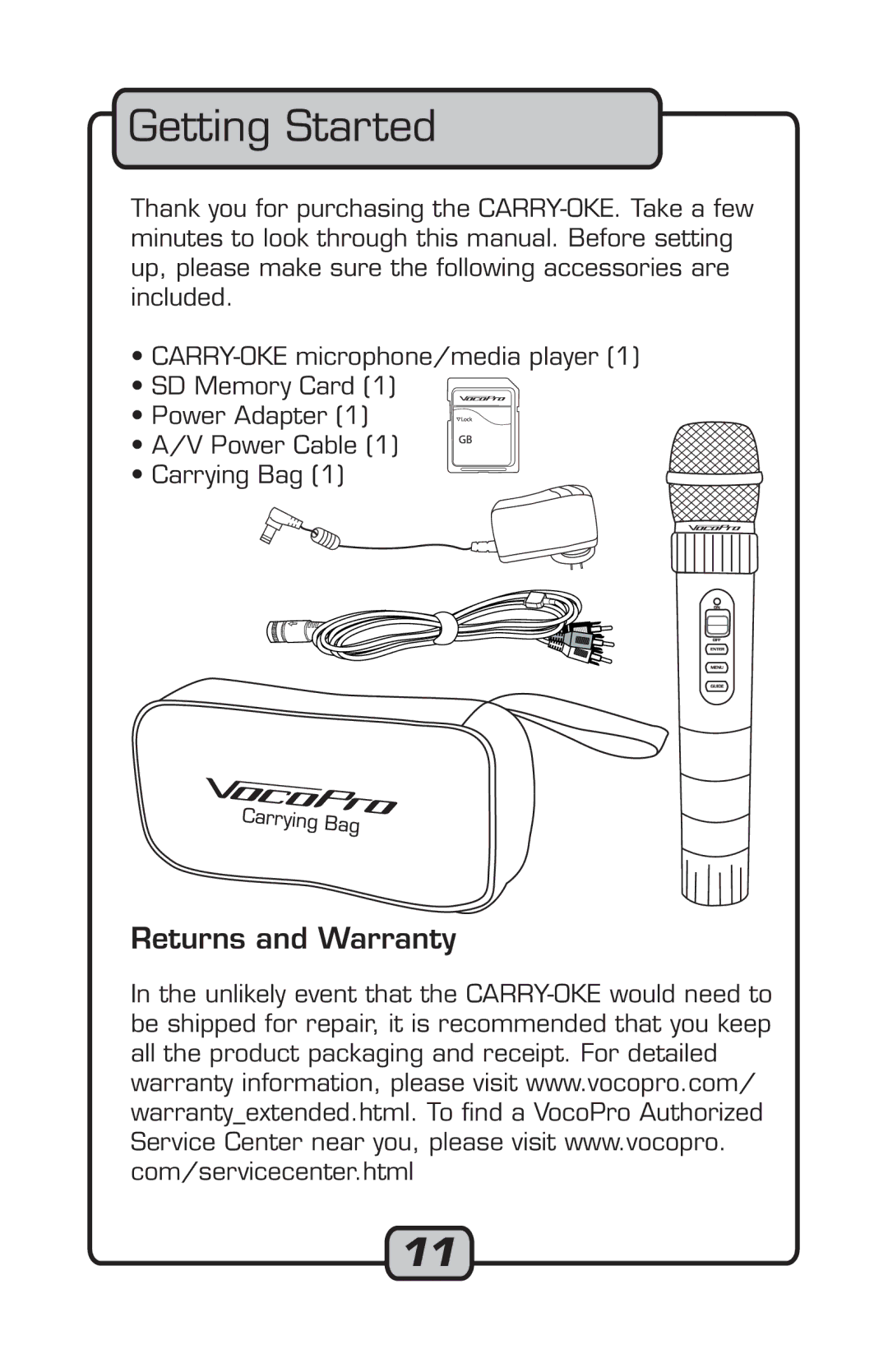 VocoPro Microphone manual Getting Started, Returns and Warranty 