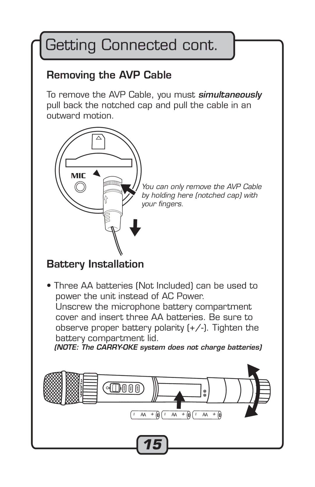 VocoPro Microphone manual Removing the AVP Cable, Battery Installation 