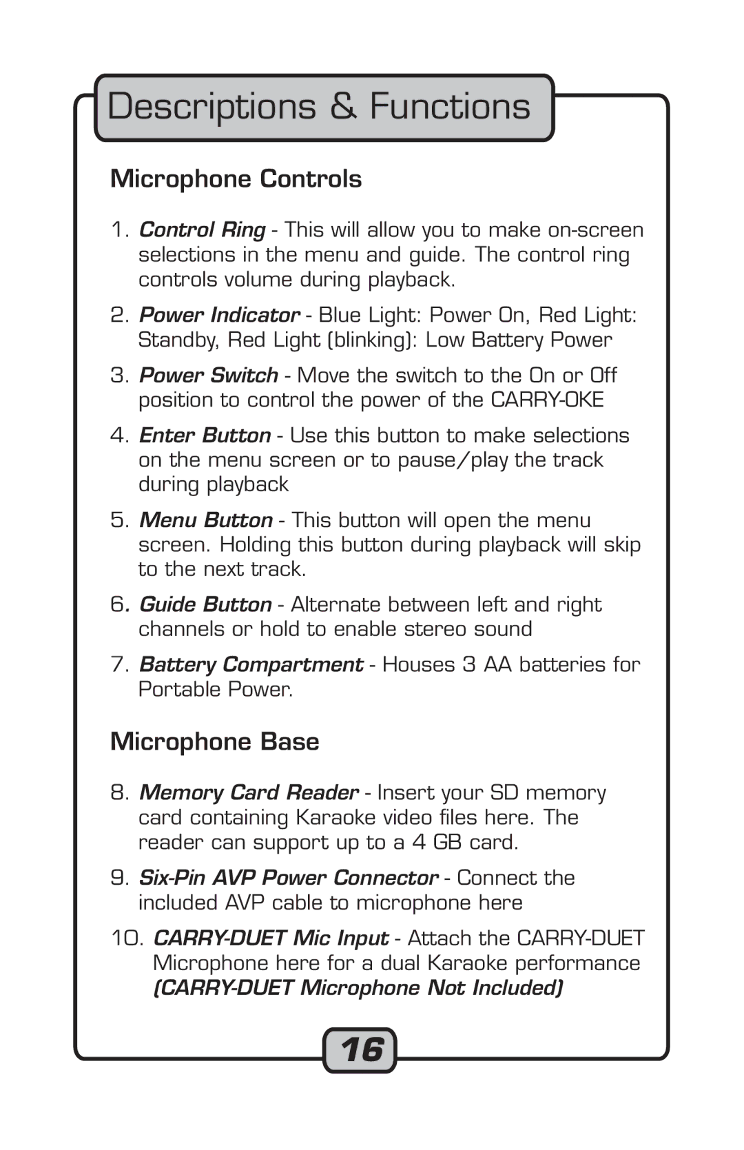 VocoPro manual Descriptions & Functions, Microphone Controls, Microphone Base 