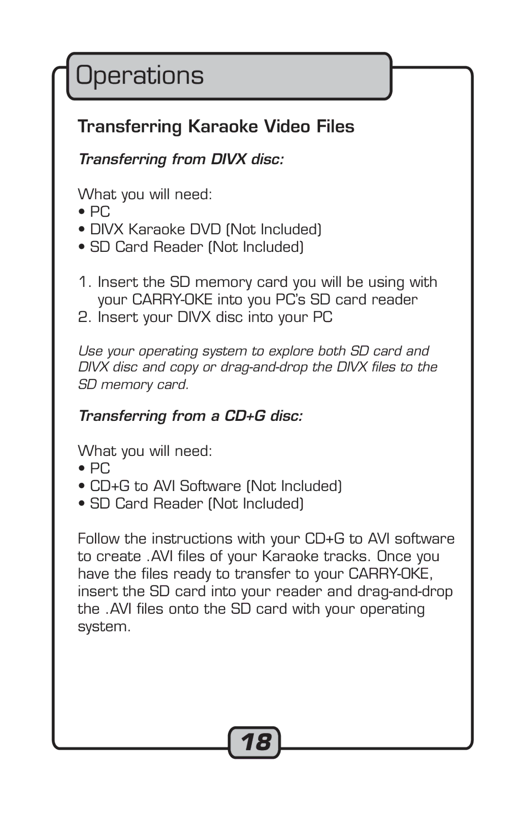 VocoPro Microphone manual Operations, Transferring Karaoke Video Files 