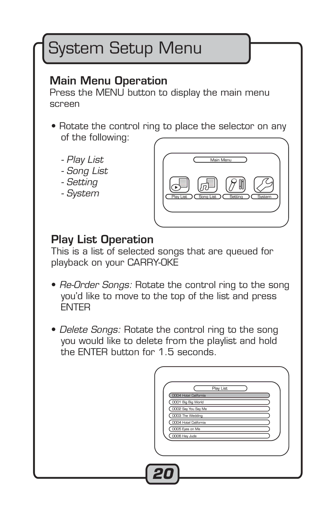 VocoPro Microphone manual System Setup Menu, Main Menu Operation, Play List Operation 