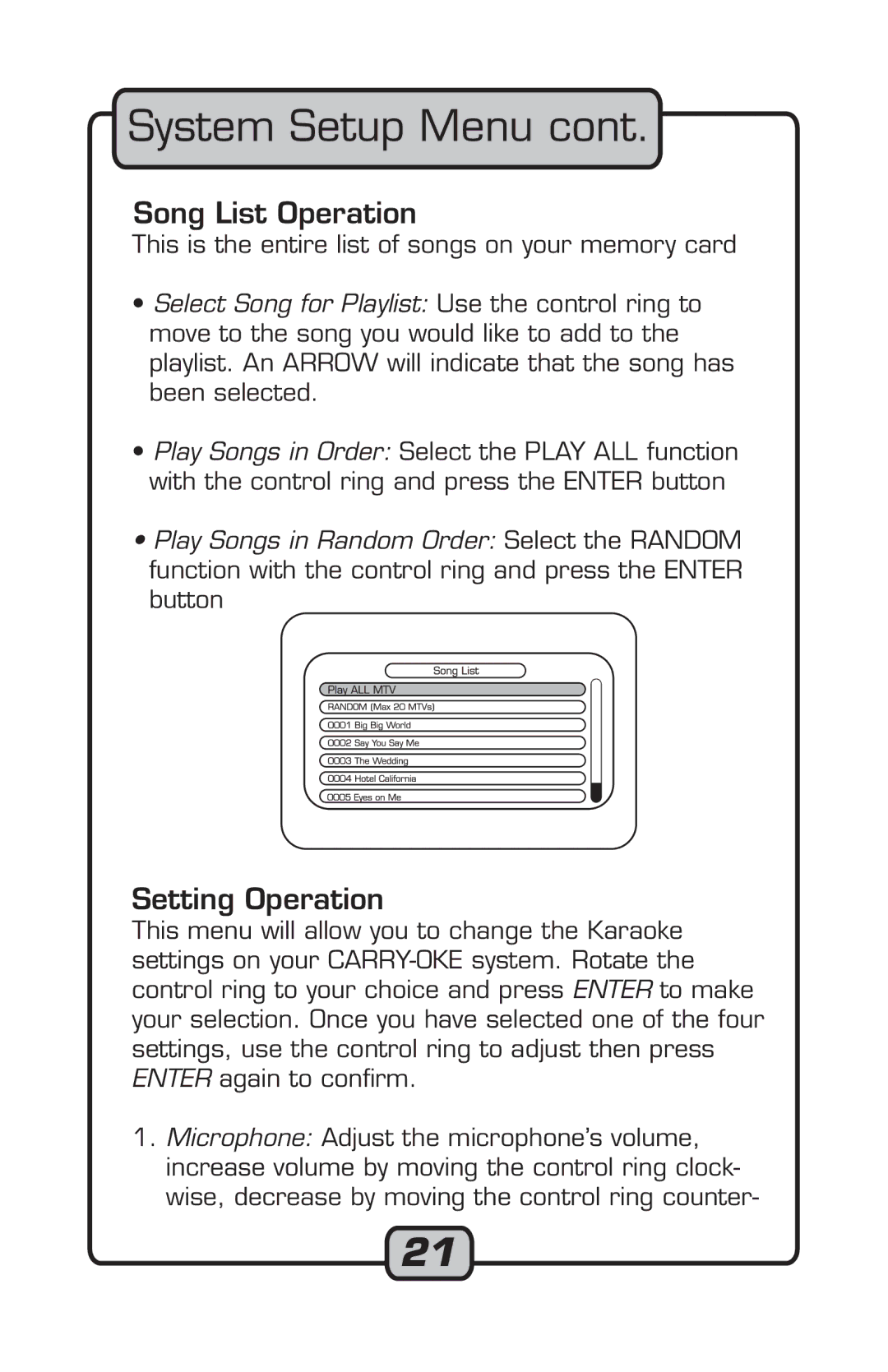 VocoPro Microphone manual Song List Operation, Setting Operation 