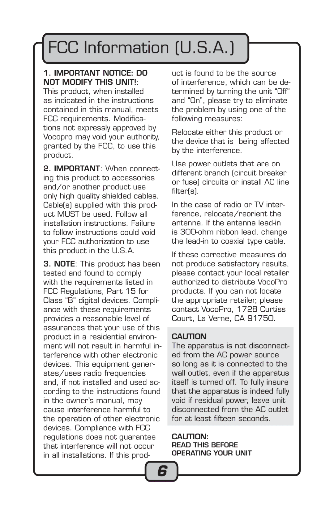 VocoPro Microphone manual FCC Information U.S.A 