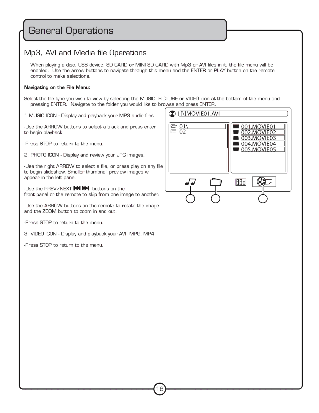 VocoPro DVG-777K II, Multi-Format USB/DVD/CD+G Karaoke Player owner manual Mp3, AVI and Media ﬁle Operations 