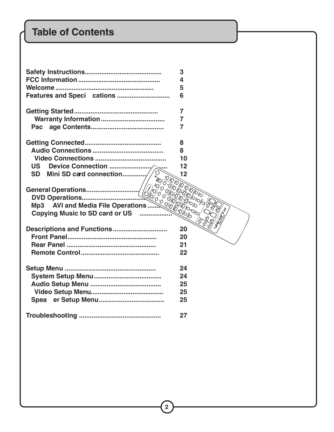 VocoPro DVG-777K II, Multi-Format USB/DVD/CD+G Karaoke Player owner manual Table of Contents 