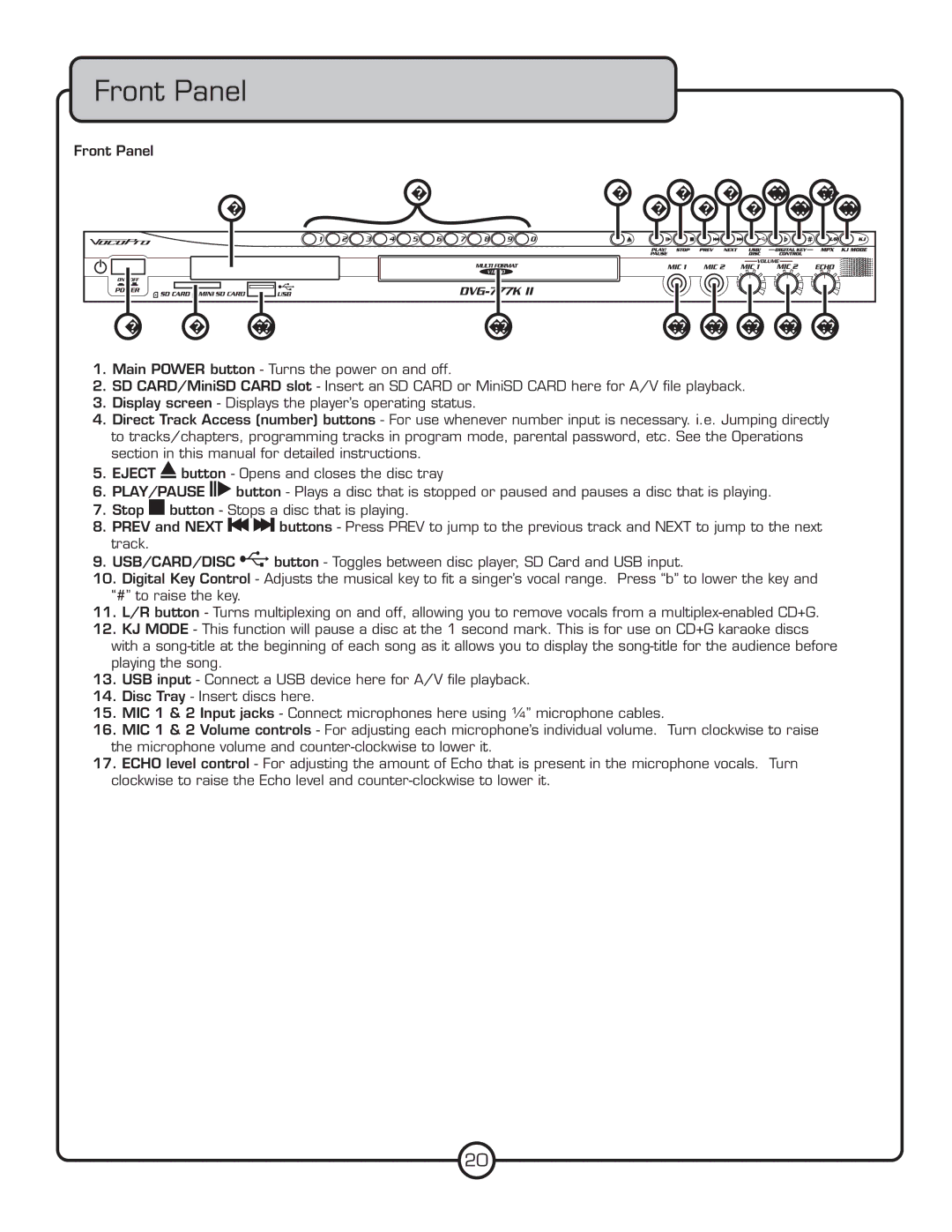 VocoPro DVG-777K II, Multi-Format USB/DVD/CD+G Karaoke Player owner manual Front Panel 