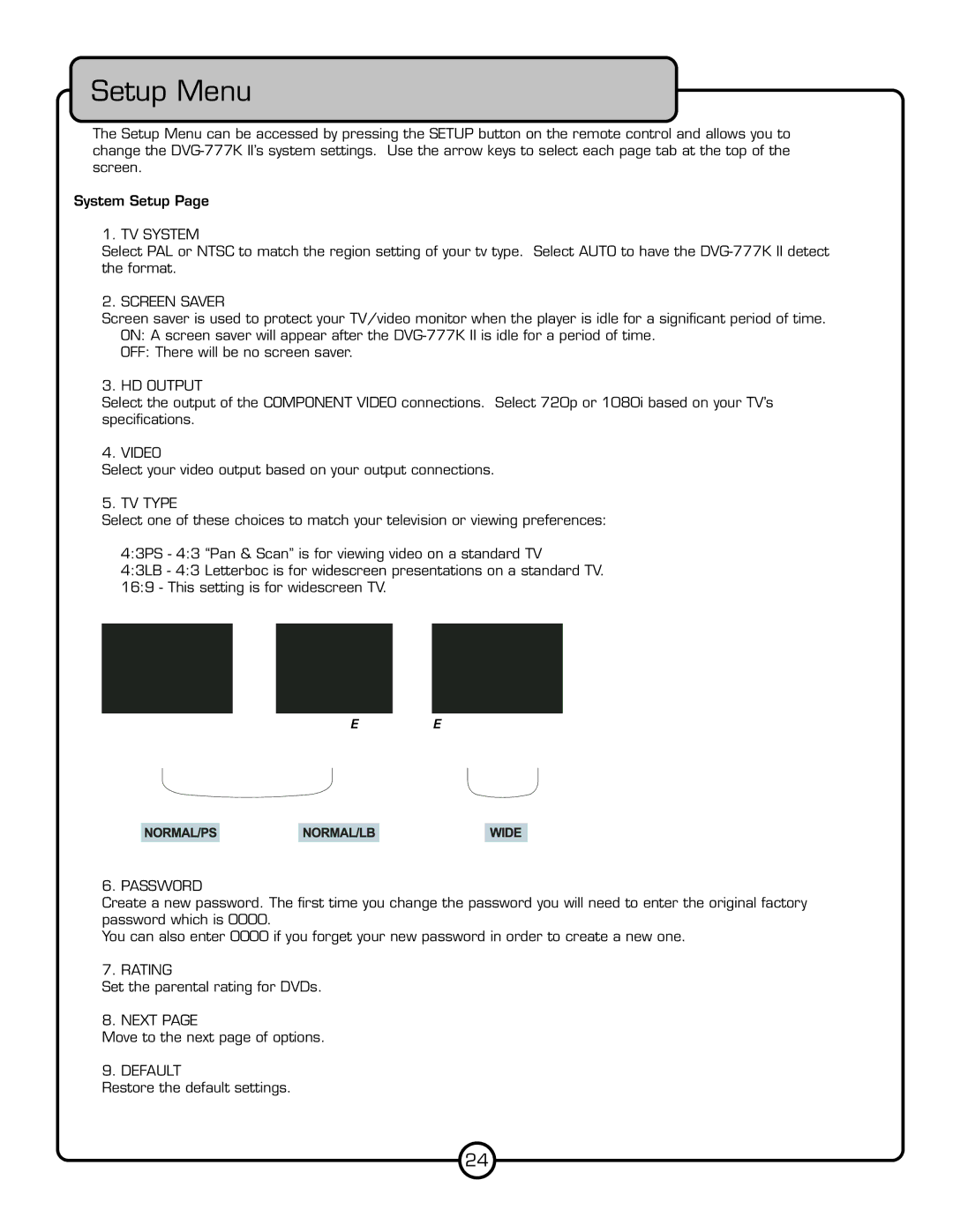 VocoPro DVG-777K II, Multi-Format USB/DVD/CD+G Karaoke Player owner manual Setup Menu 