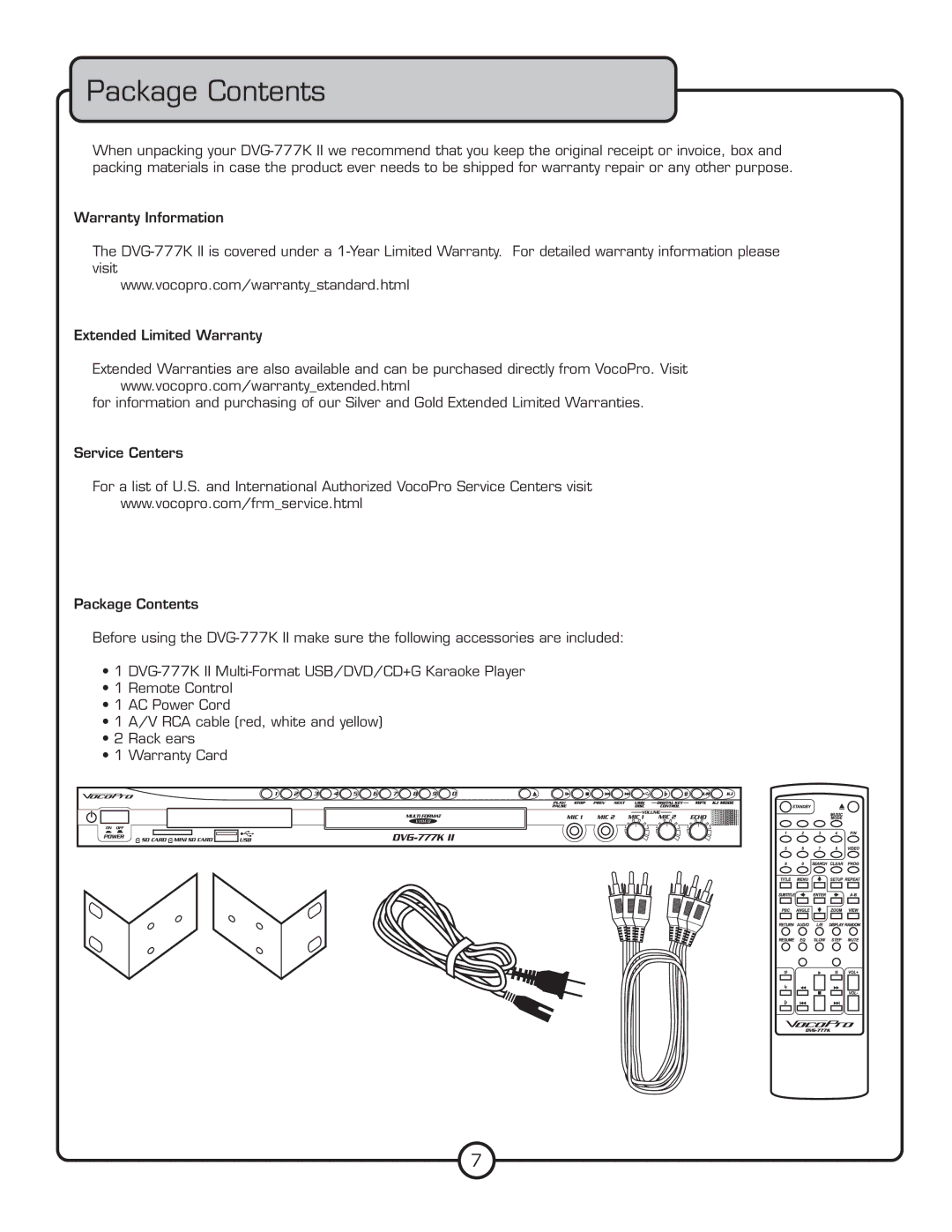 VocoPro Multi-Format USB/DVD/CD+G Karaoke Player, DVG-777K II owner manual Package Contents 