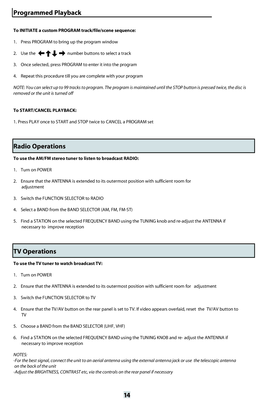 VocoPro ORANGE-300 instruction manual Programmed Playback, Radio Operations, TV Operations 