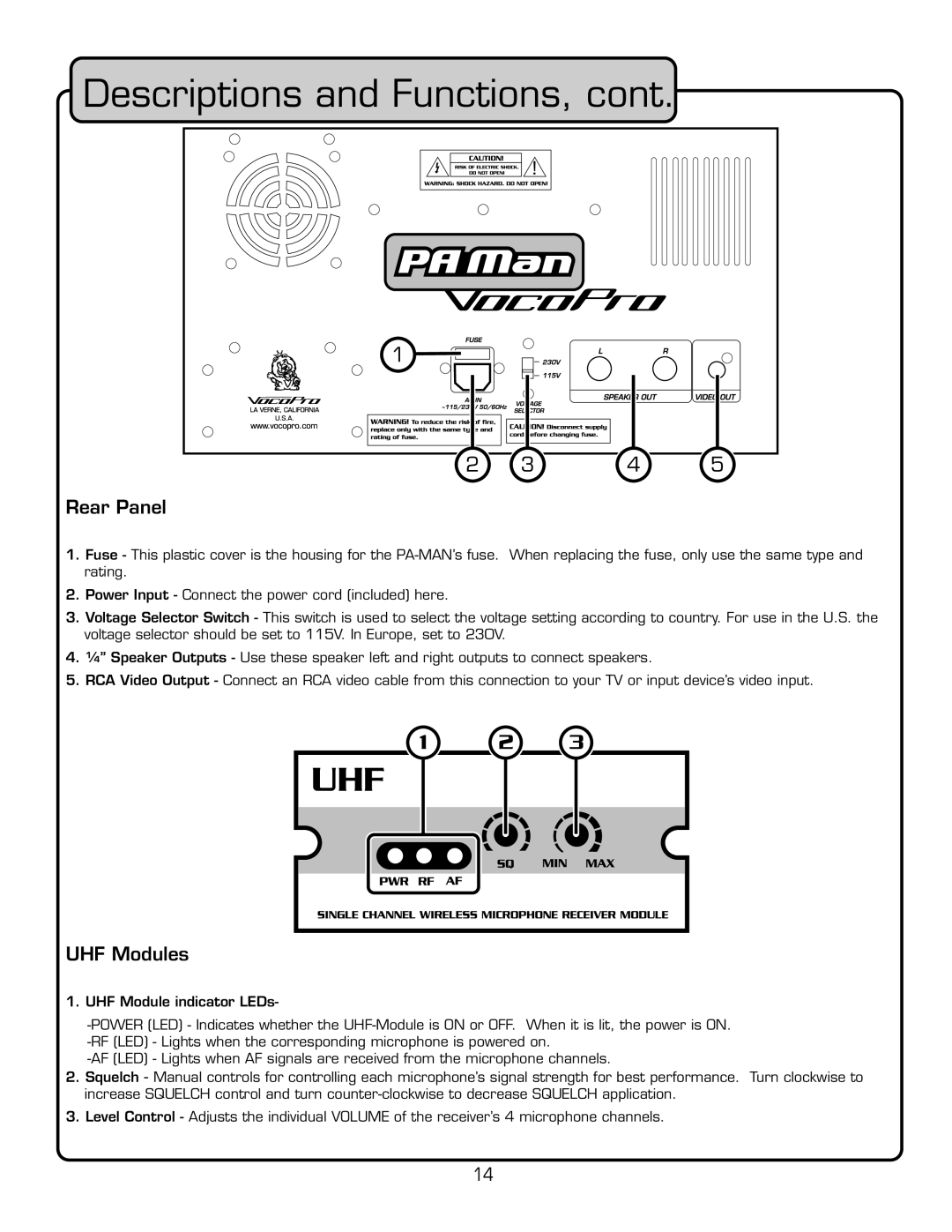 VocoPro PA-MAN manual IÀÊ*˜i, Êœ`ÕiÃ, Rating, ÓÊ*œÜiÀÊ˜«ÕÌÊ‡ #ONNECT the Power CORDEINCLUDED HERE 