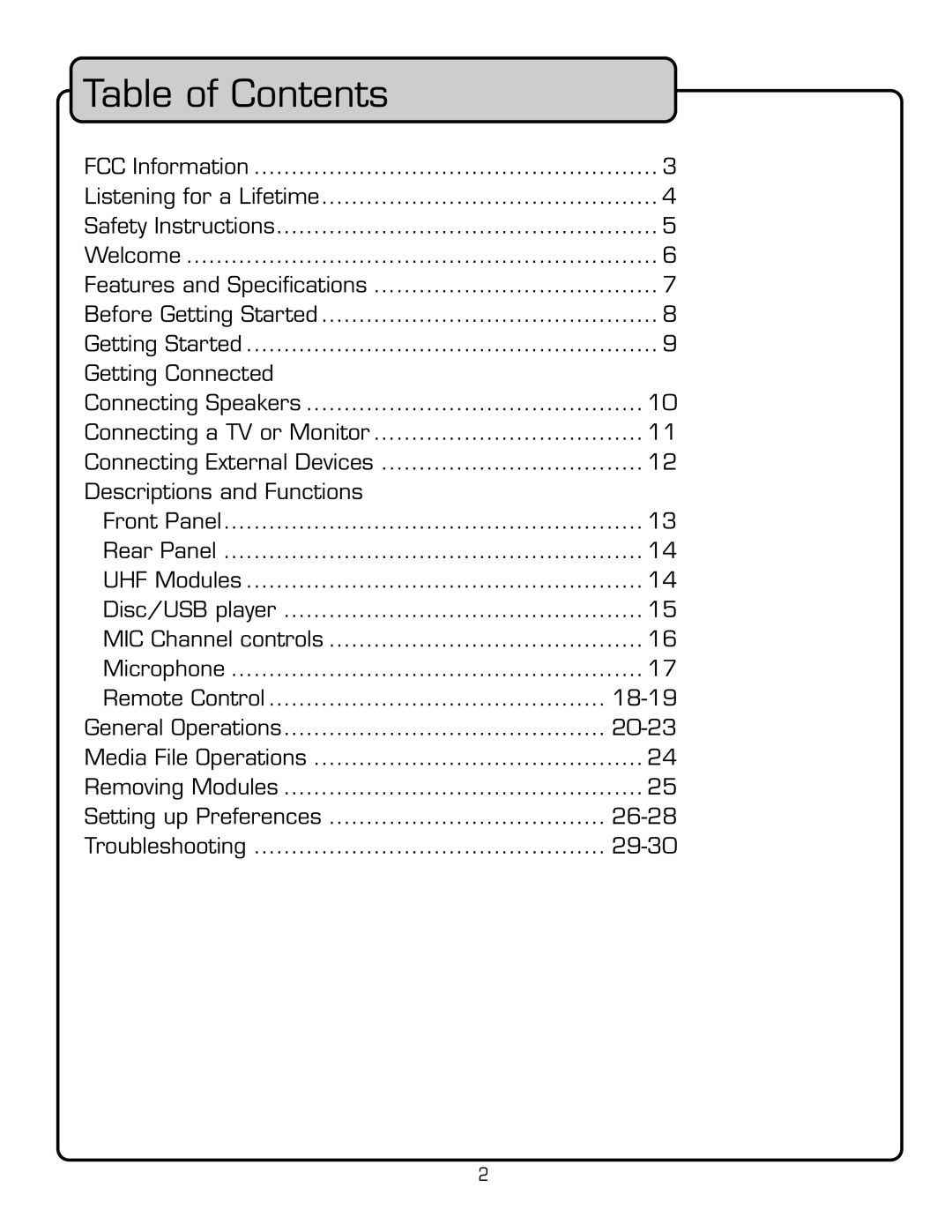 VocoPro PA-MAN manual 4ABLE OFE#ONTENTS, Ettingt#Onnected 