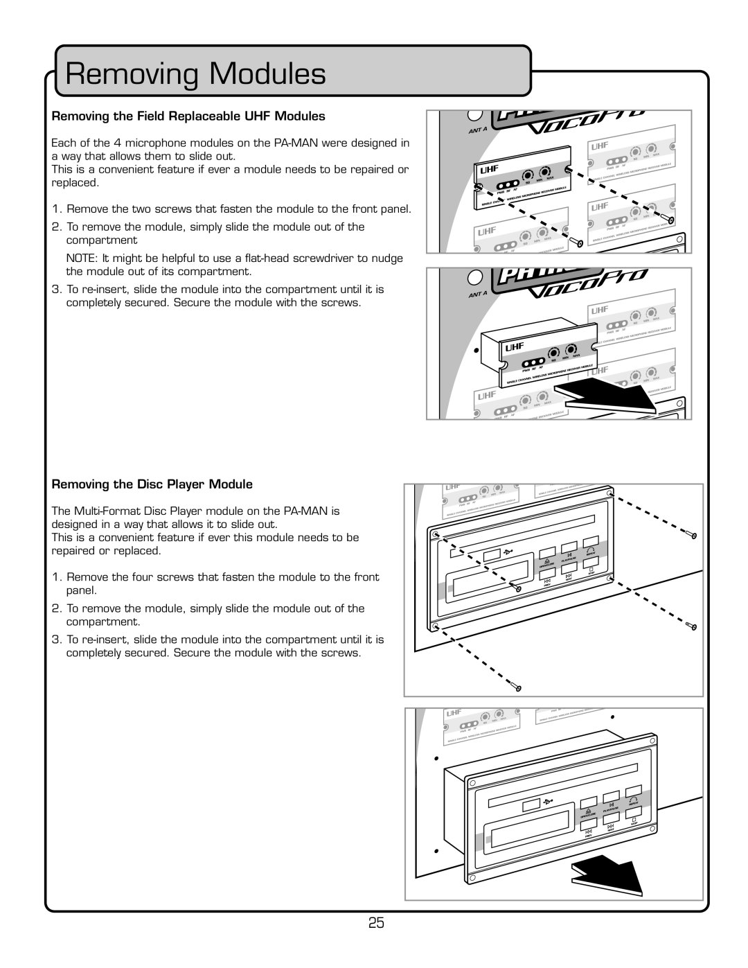 VocoPro PA-MAN manual 2EMOVING -ODULES, “œÛˆ˜ÊÌ…iÊˆi`Ê,i«ViLiÊ1Êœ`ÕiÃ, “œÛˆ˜ÊÌ…iÊˆÃVÊ*ÞiÀÊœ`Õi 