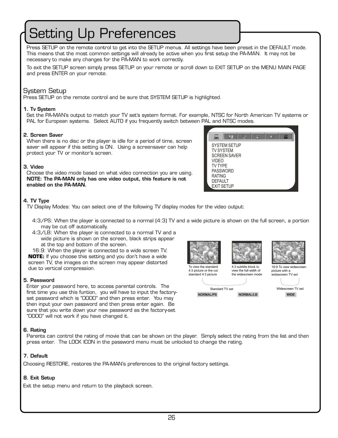 VocoPro PA-MAN manual 3ETTINGT5P 0REFERENCES, 3YSTEM 3ETUP, XIT the Setup Menusandtreturn Toetheuplayback SCREEN 