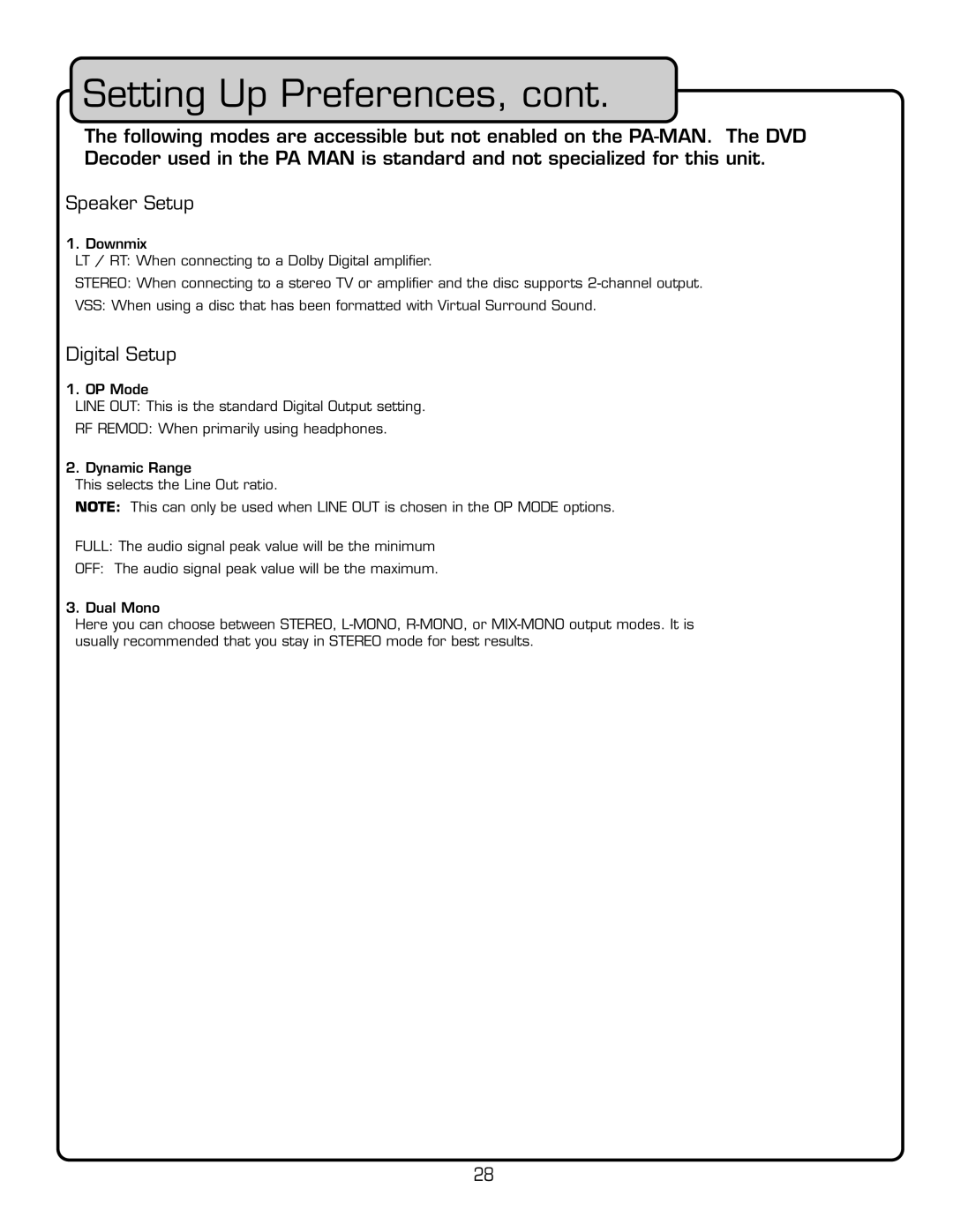 VocoPro PA-MAN manual 3PEAKERA3ETUPR, $IGITALI3ETUPL, 4HIS Selects the ,INET/UT RATIO 