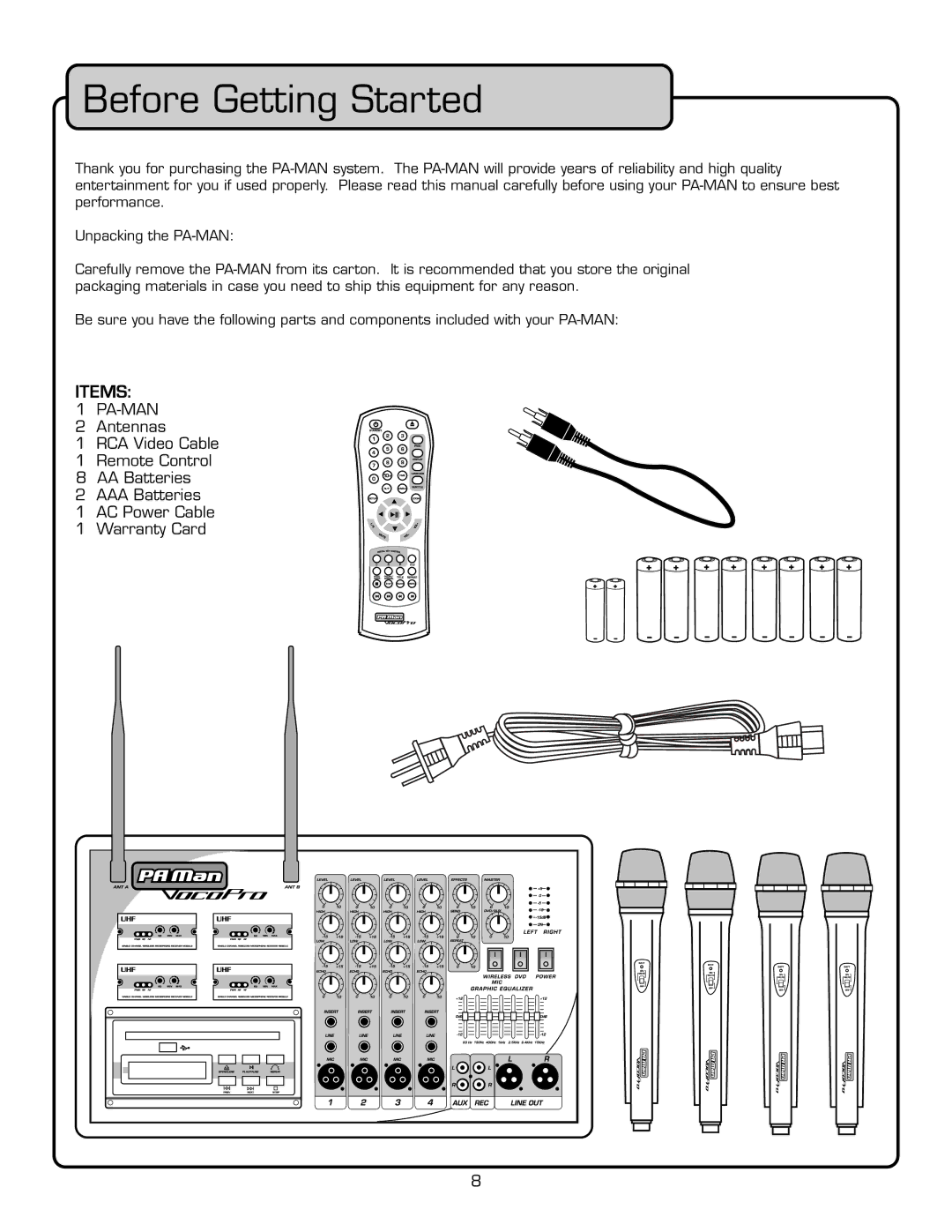 VocoPro PA-MAN manual Efore Etting 3TARTED,  U 