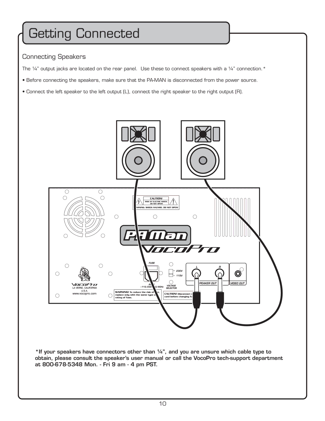 VocoPro PA-MAN owner manual Getting Connected, Connecting Speakers 