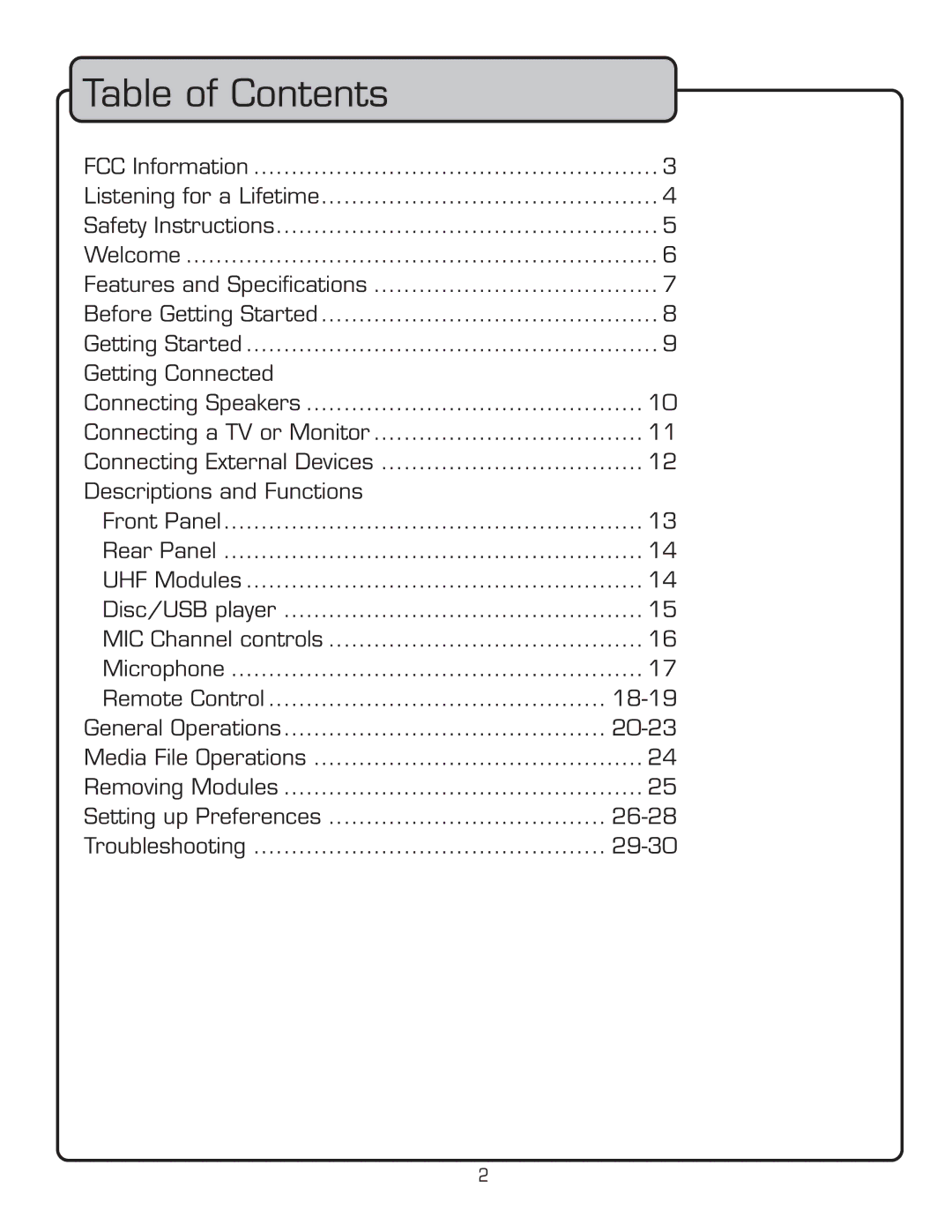 VocoPro PA-MAN owner manual Table of Contents 