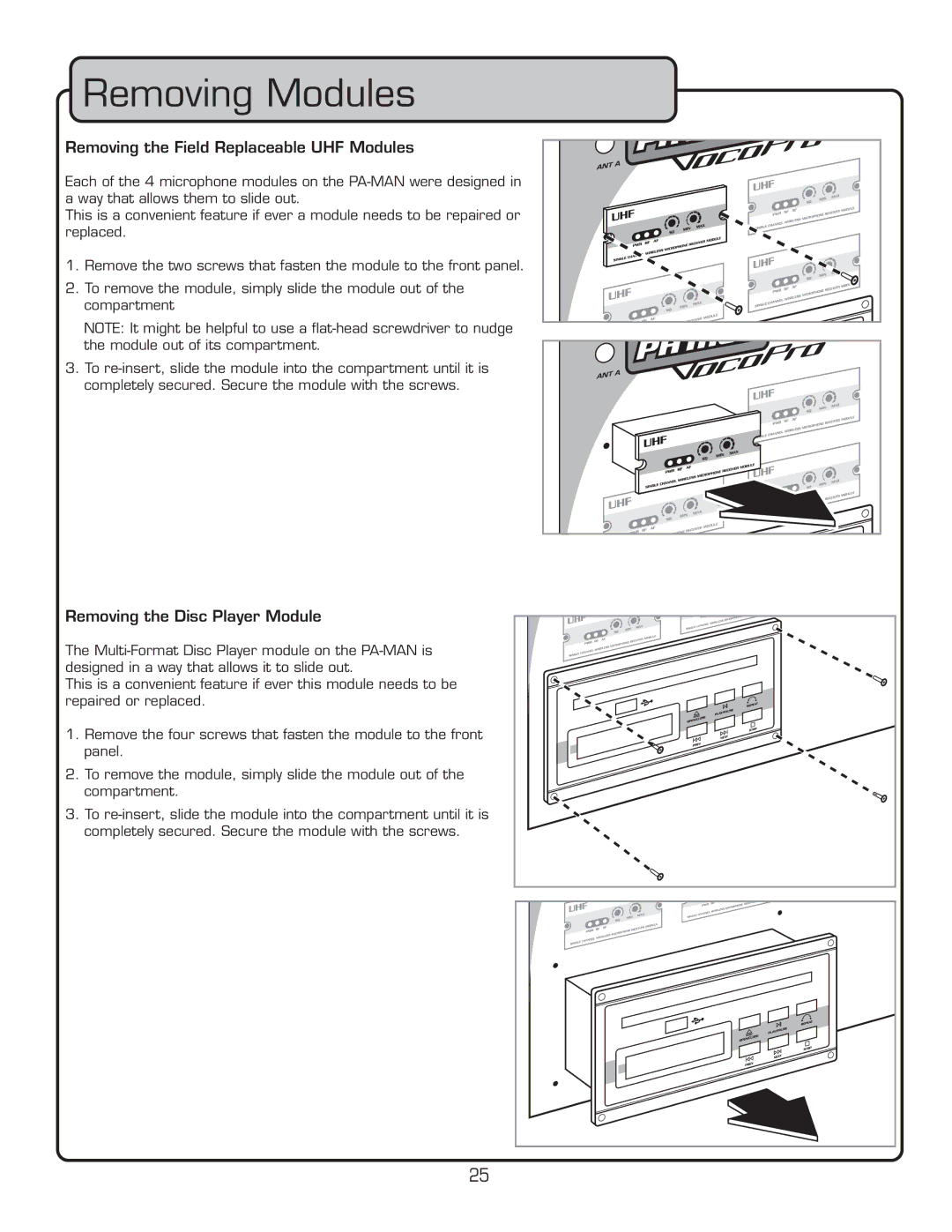 VocoPro PA-MAN owner manual Removing Modules, Removing the Field Replaceable UHF Modules, Removing the Disc Player Module 