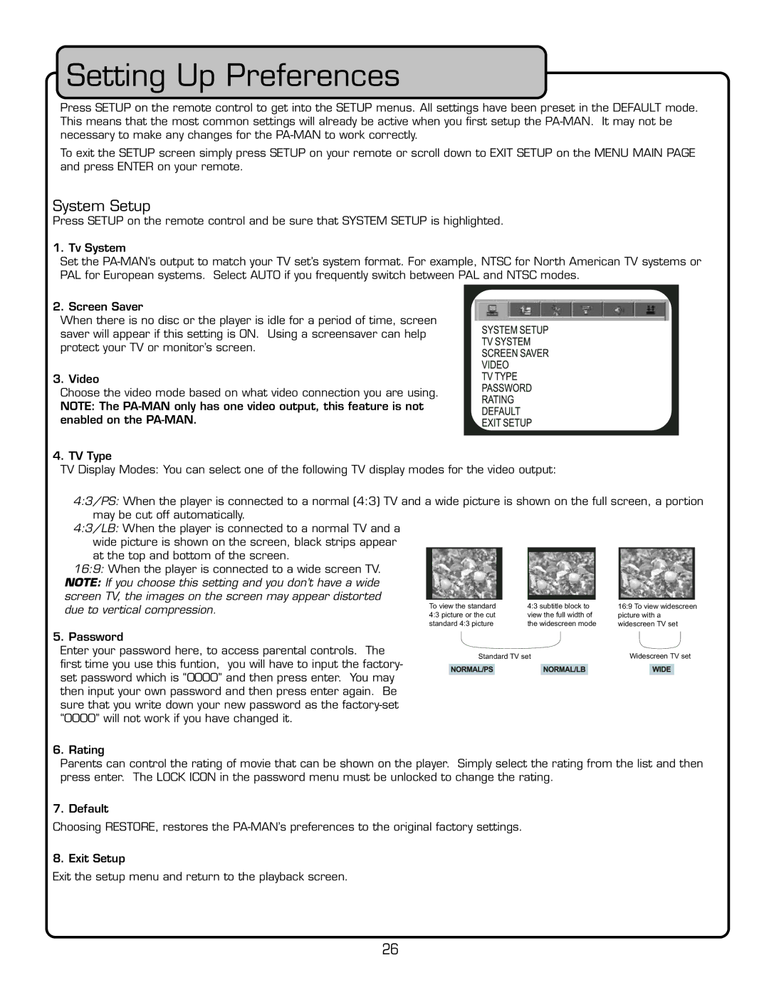 VocoPro PA-MAN owner manual Setting Up Preferences, System Setup 