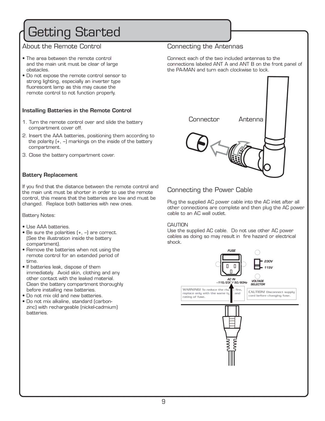 VocoPro PA-MAN owner manual Getting Started, About the Remote Control, Connecting the Antennas, Connecting the Power Cable 