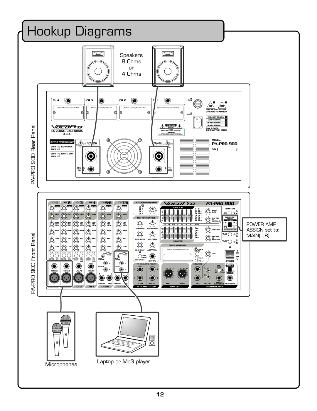 VocoPro PA-PRO 900 owner manual Hookup Diagrams 