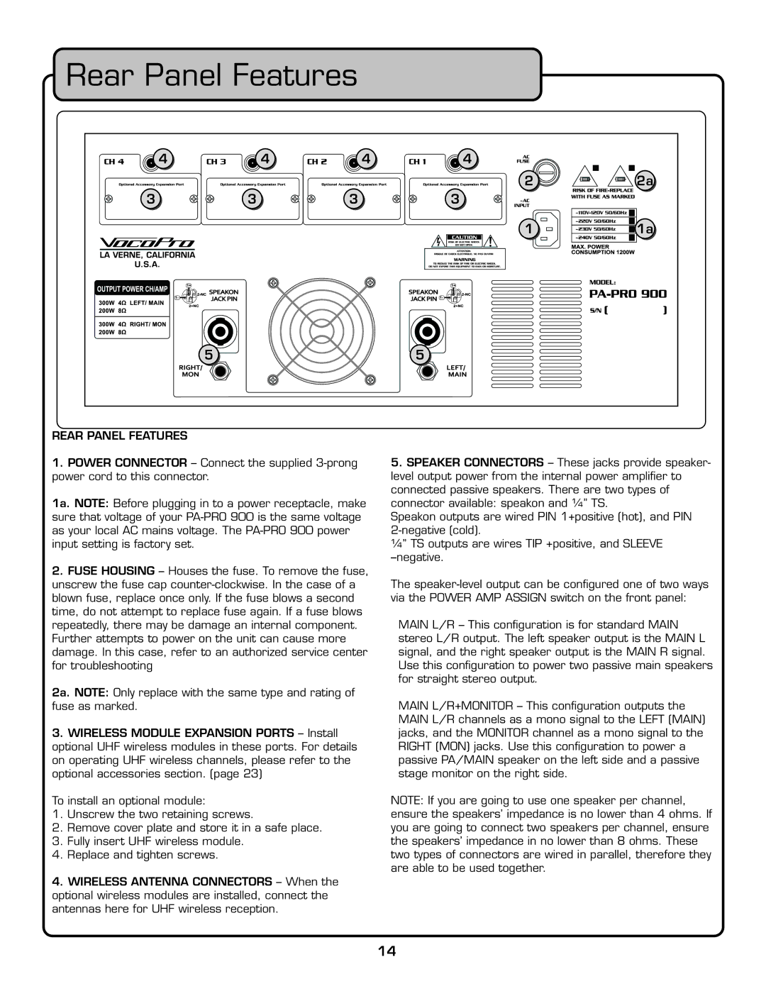 VocoPro PA-PRO 900 owner manual Rear Panel Features 