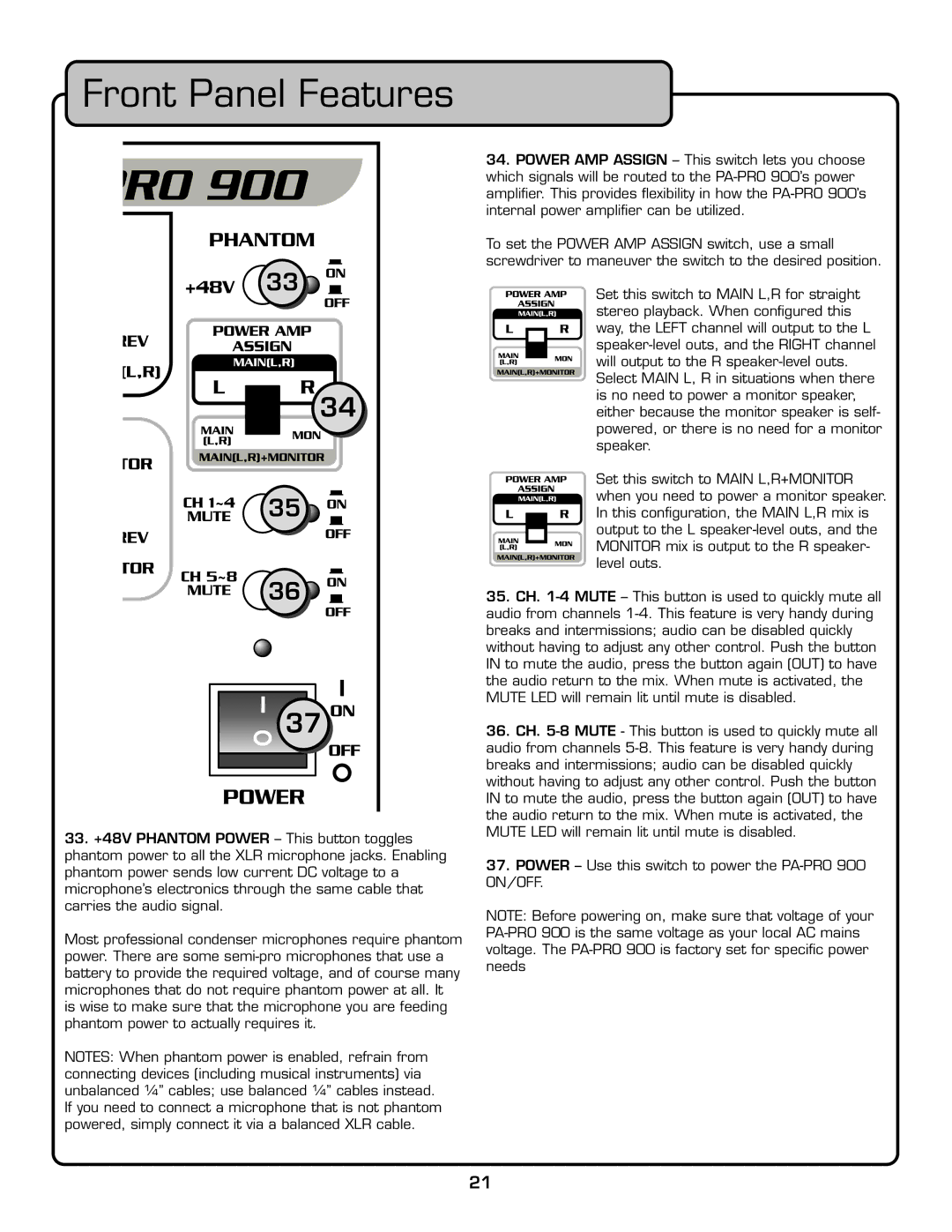 VocoPro PA-PRO 900 owner manual Front Panel Features 