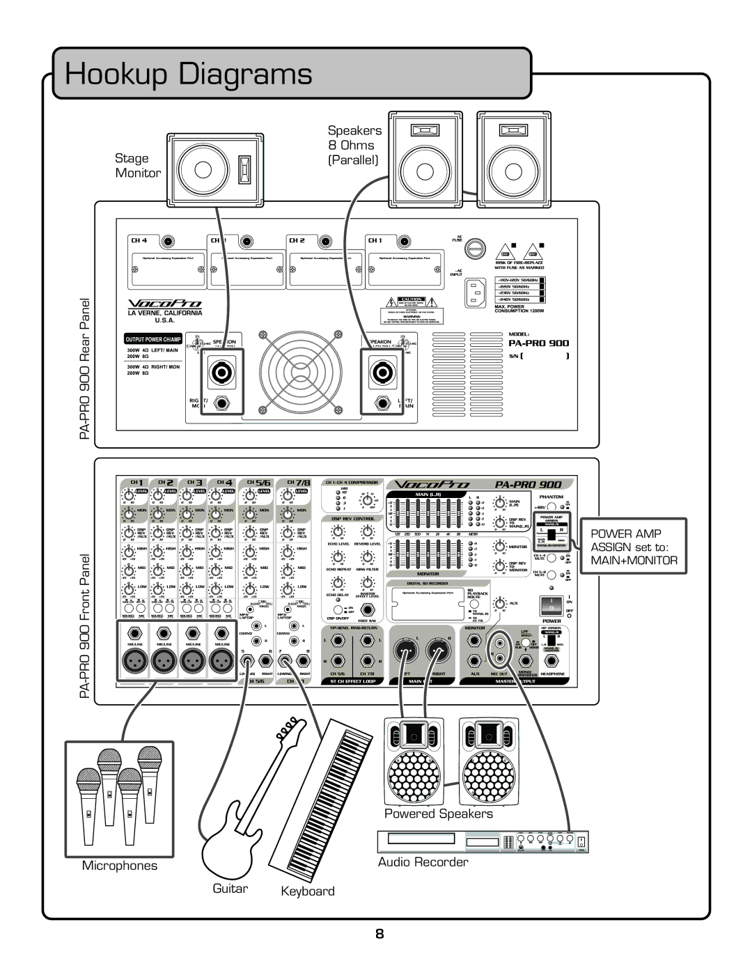 VocoPro PA-PRO 900 owner manual Hookup Diagrams 