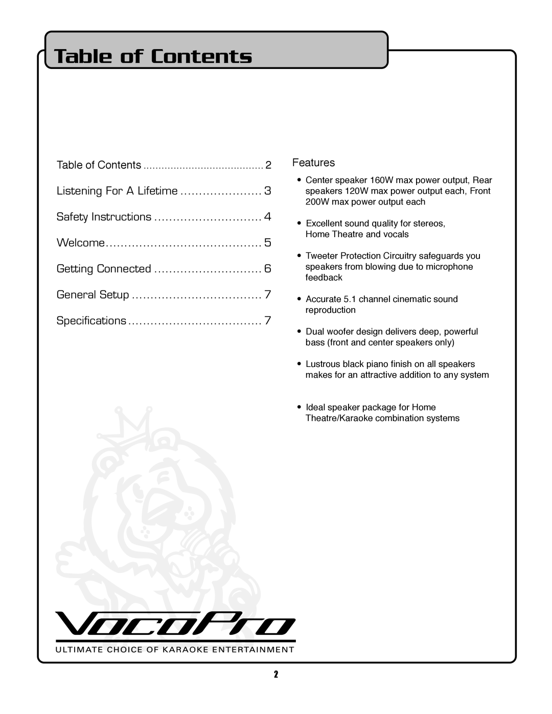 VocoPro PIANO-5 owner manual Table of Contents, Features 