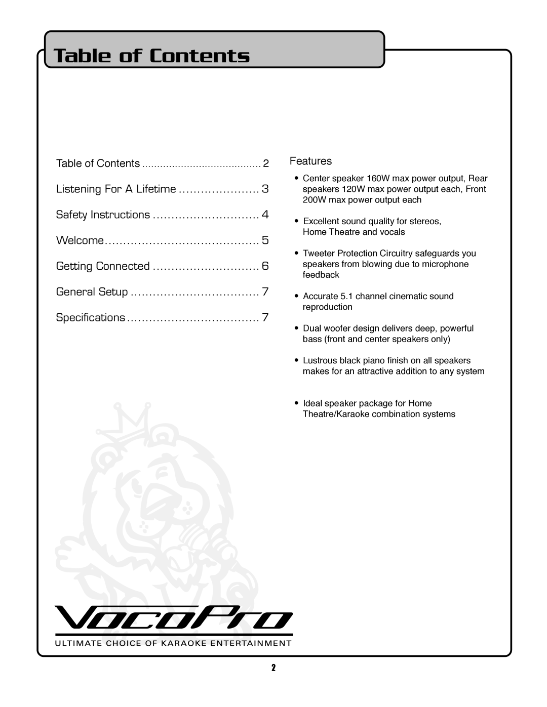 VocoPro PIANO-5 owner manual Table of Contents 