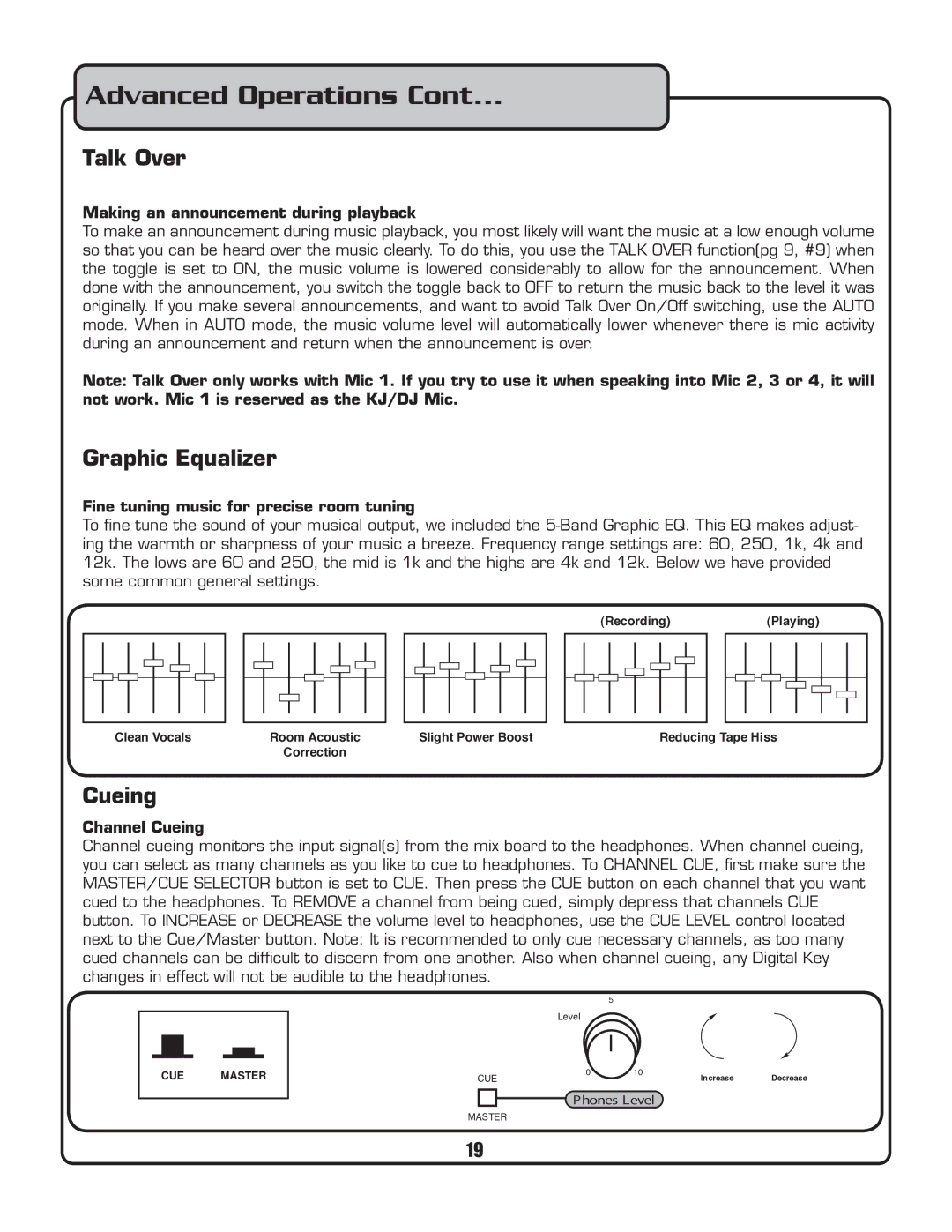 VocoPro PKJ-9090PRO Making an announcement during playback, Fine tuning music for precise room tuning, Channel Cueing 