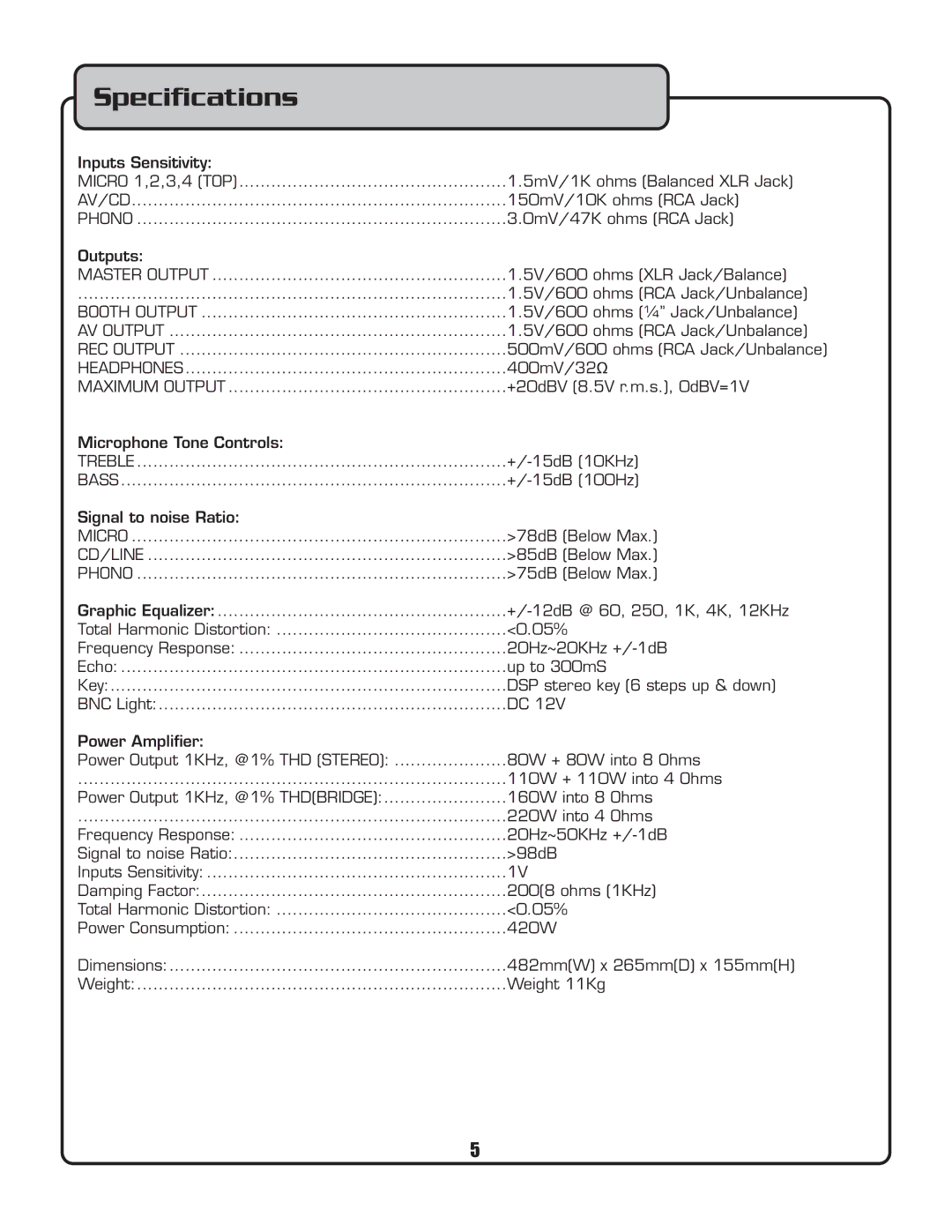 VocoPro PKJ-9090PRO owner manual Speciﬁcations 