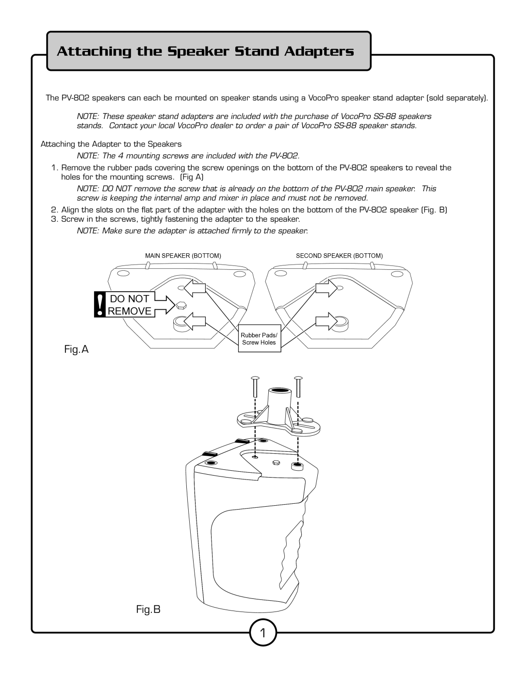 VocoPro PV-802 manual Attaching the Speaker Stand Adapters, Fig.A 