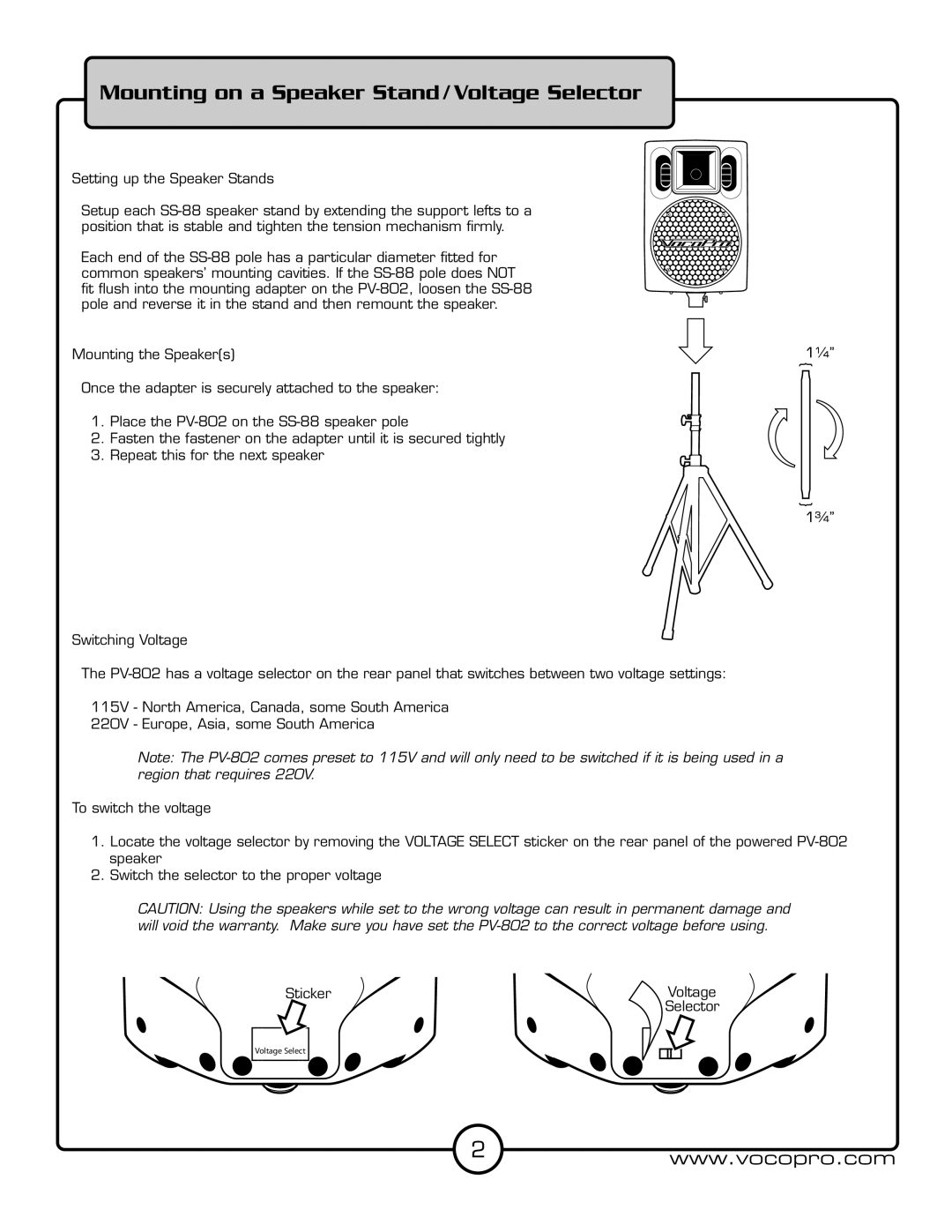 VocoPro PV-802 manual Mounting on a Speaker Stand / Voltage Selector 