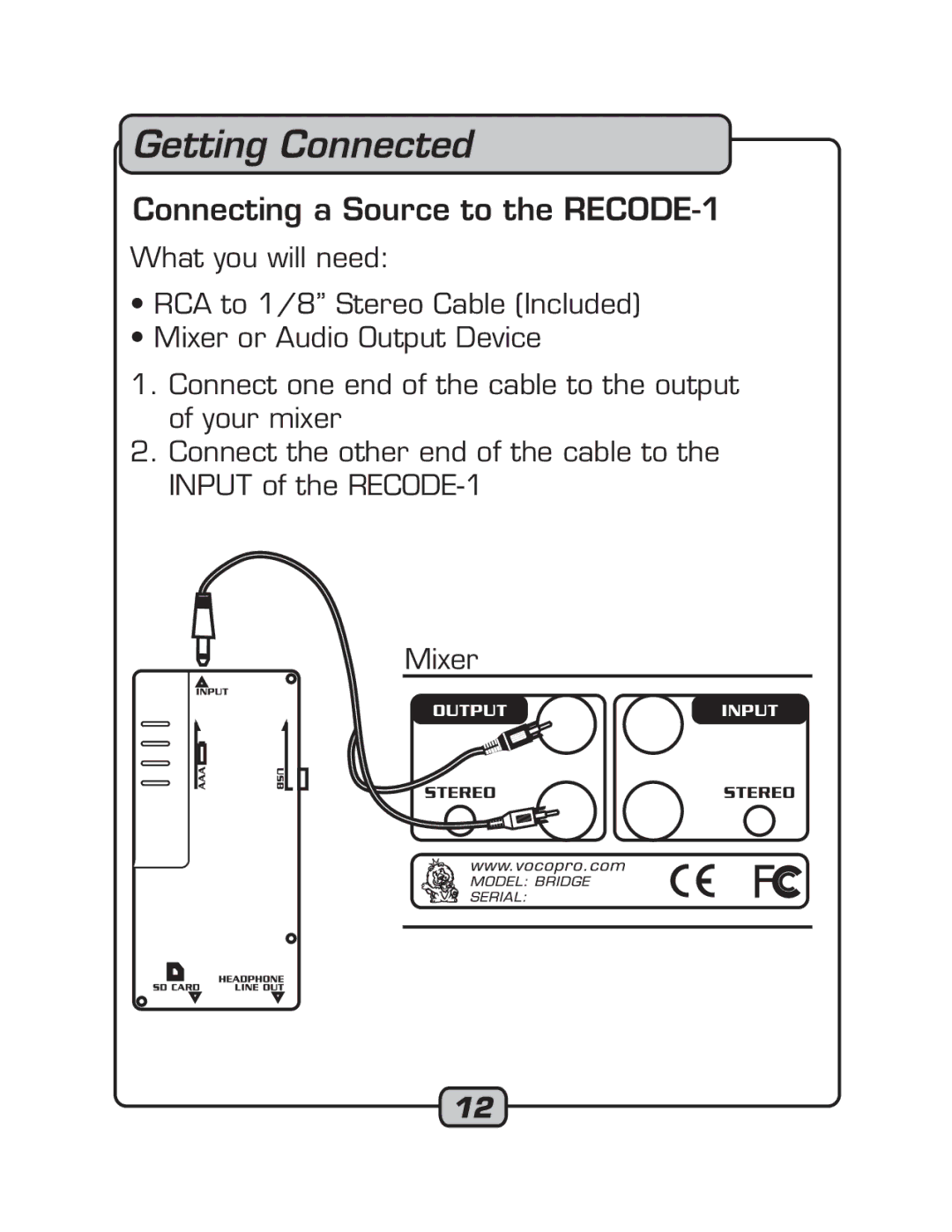 VocoPro manual Getting Connected, Connecting a Source to the RECODE-1 