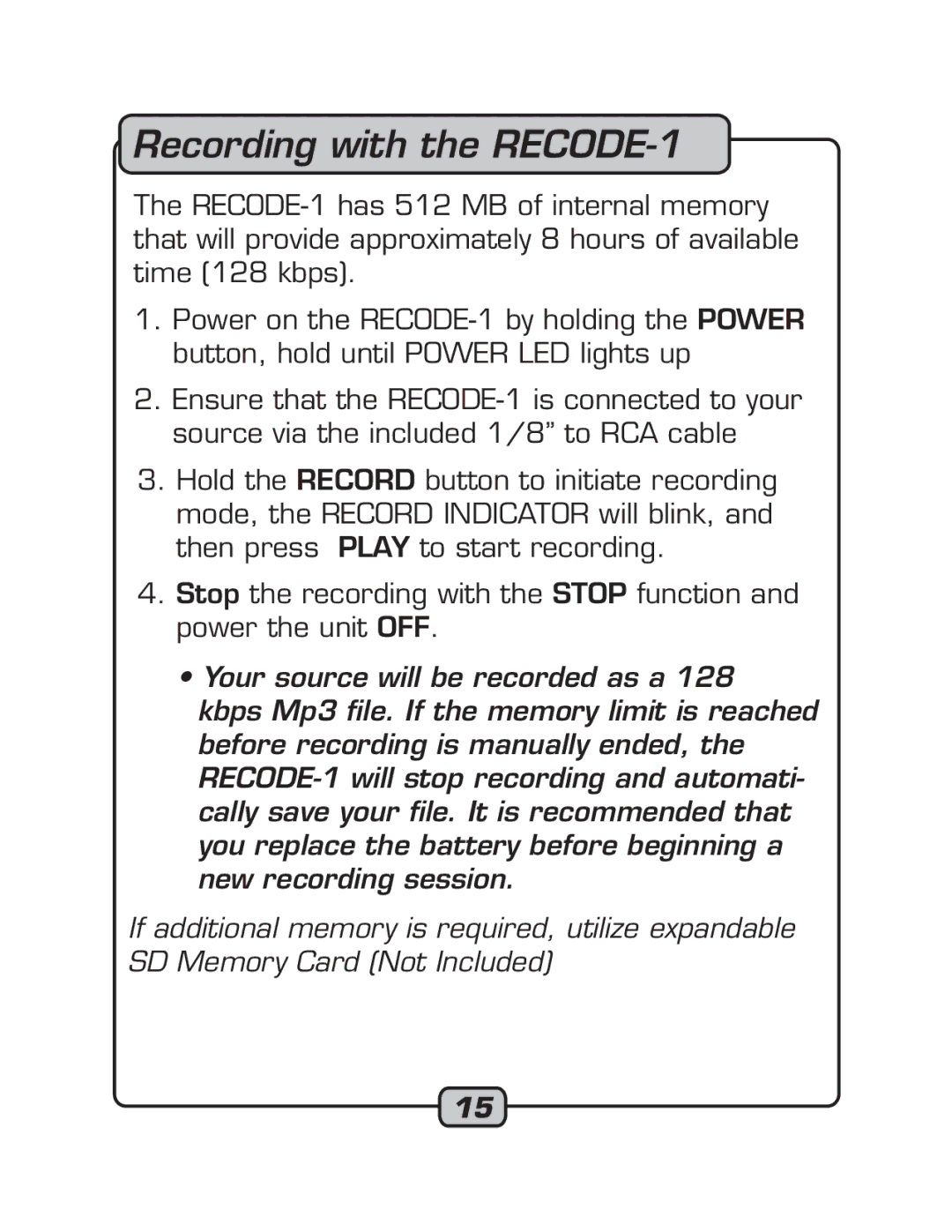 VocoPro manual Recording with the RECODE-1 