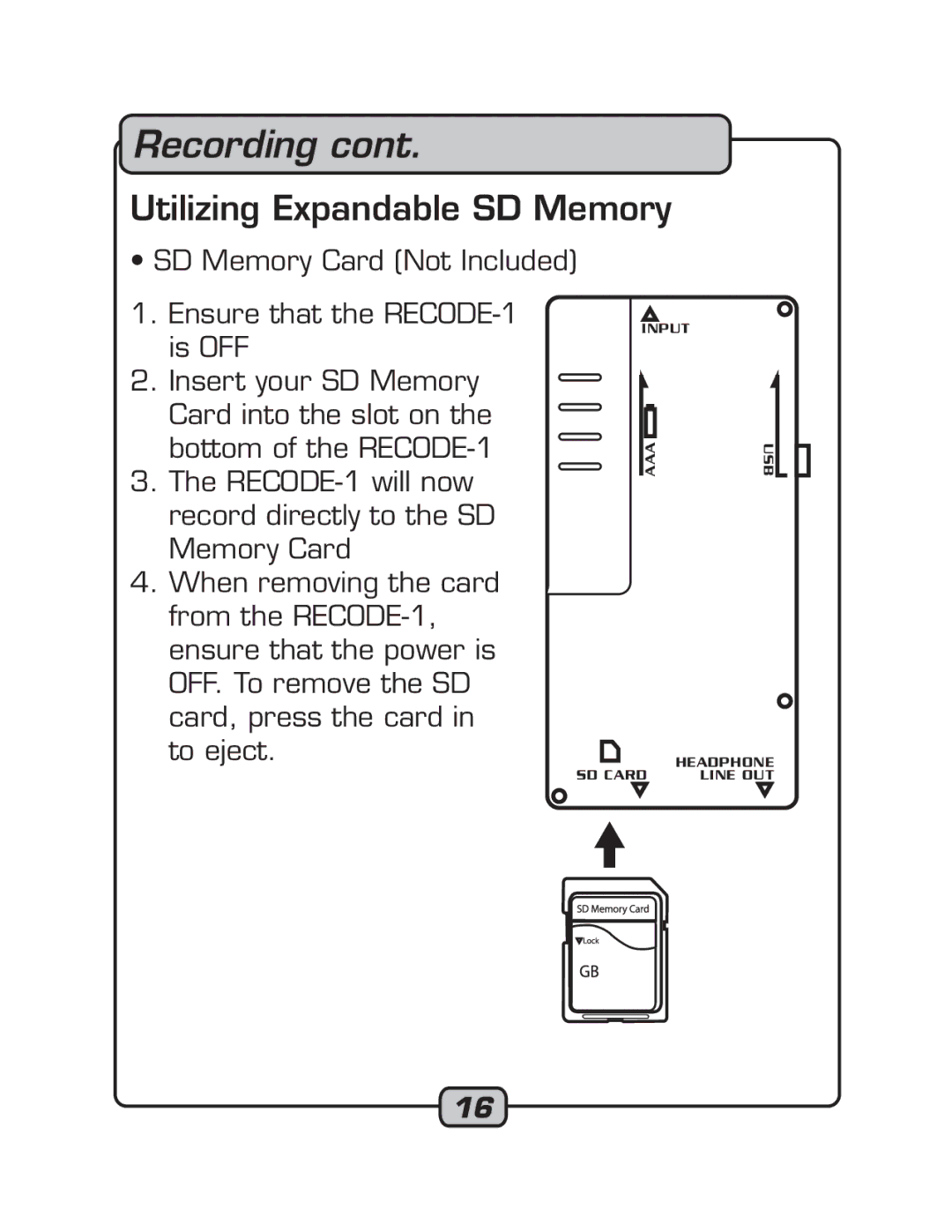 VocoPro RECODE-1 manual Recording, Utilizing Expandable SD Memory 