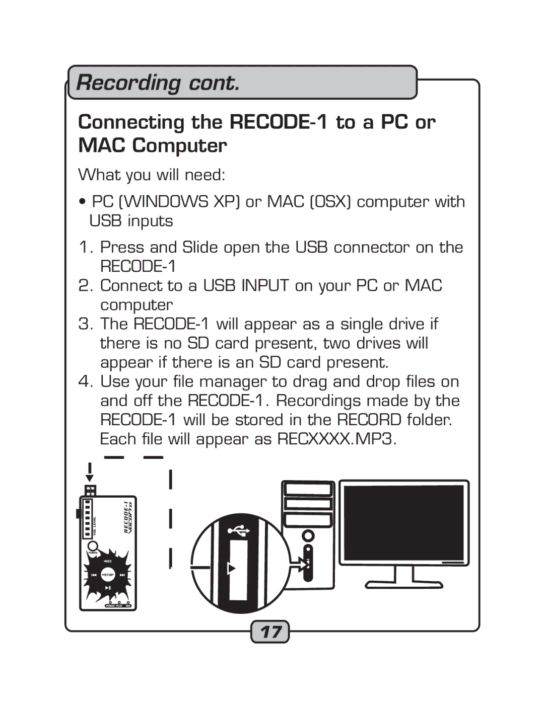 VocoPro manual Connecting the RECODE-1 to a PC or MAC Computer 