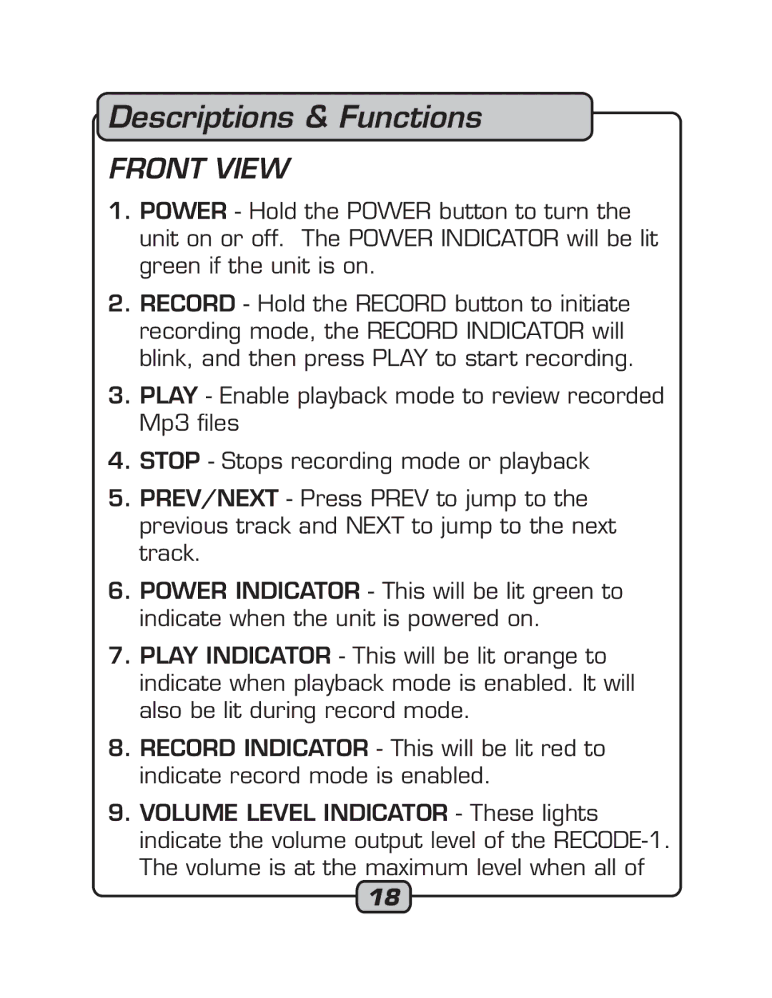 VocoPro RECODE-1 manual Descriptions & Functions, Front View 