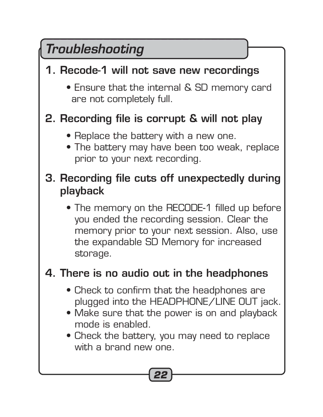 VocoPro RECODE-1 manual Troubleshooting, Recording file is corrupt & will not play 