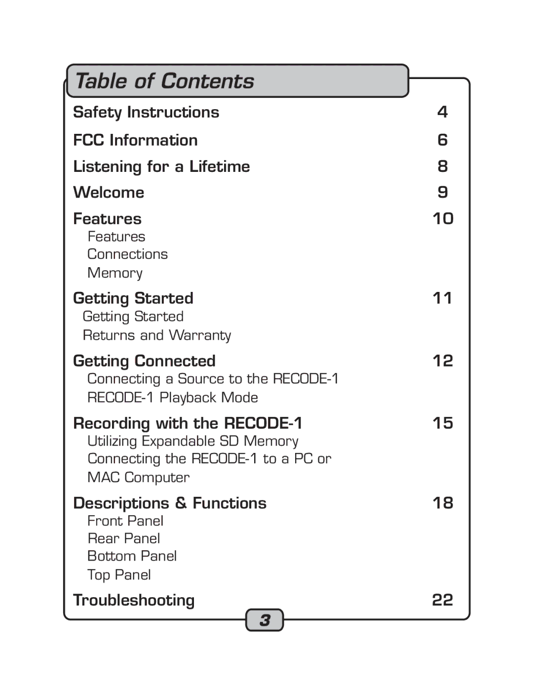 VocoPro RECODE-1 manual Table of Contents 