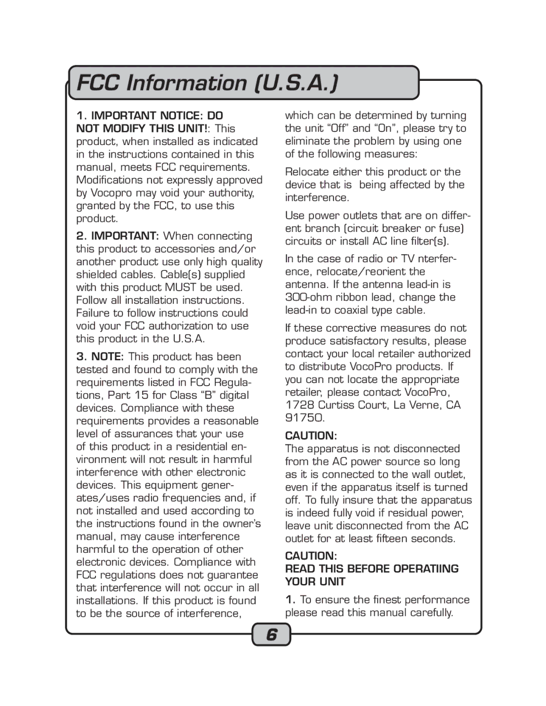 VocoPro RECODE-1 manual FCC Information U.S.A 