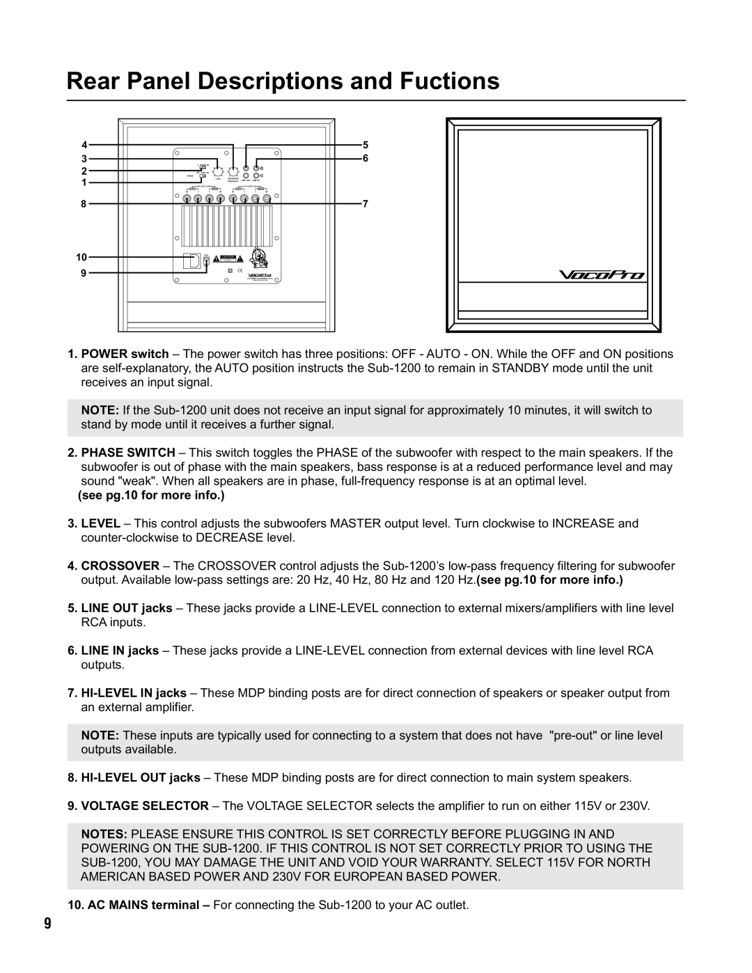 VocoPro SUB-1200 instruction manual Rear Panel Descriptions and Fuctions, See pg.10 for more info 